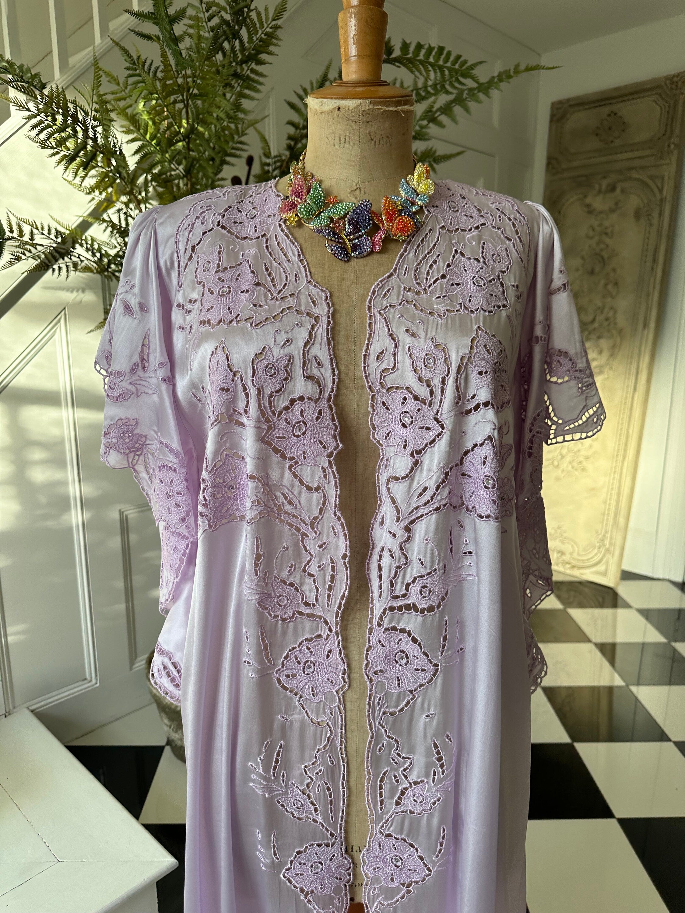 Vintage Lilac Satin Peignoir: 1980s Cutout Lace Robe