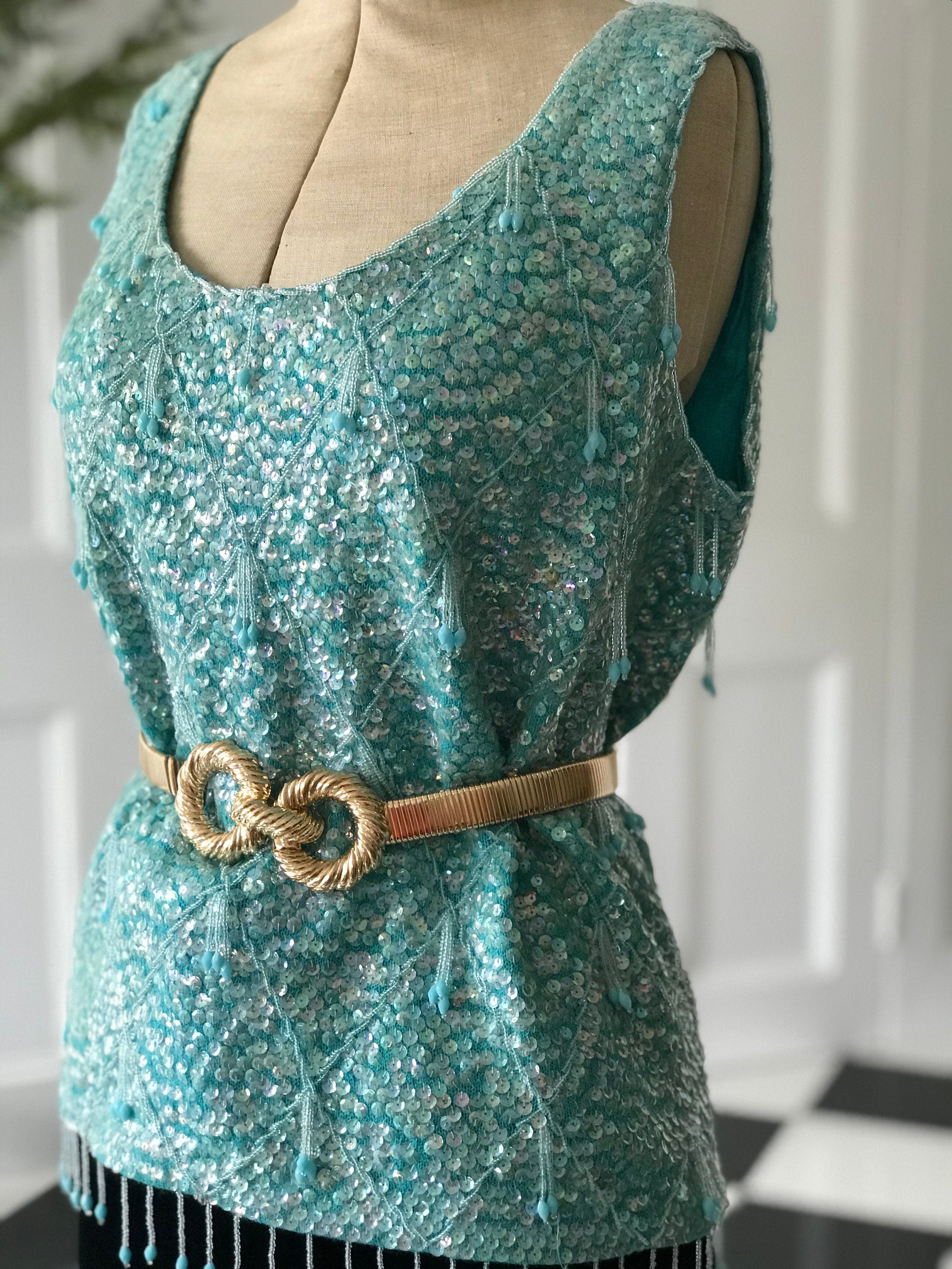 Vintage 1960s Turquoise beaded embellished wool top jumper blouse