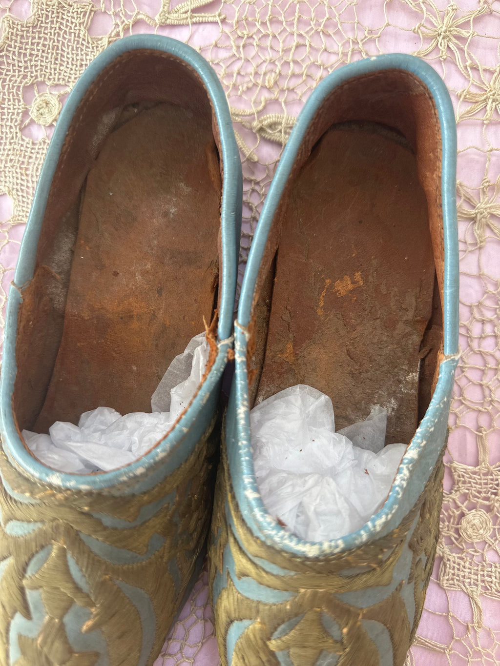 Antique Ottoman 19th century leather shoes with gold embroidery