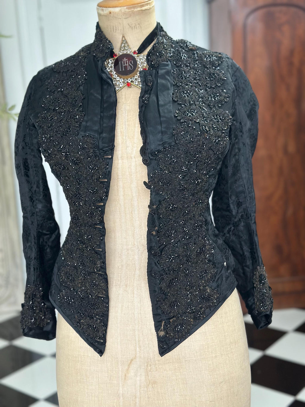 Exquisite Victorian Black Silk Bodice – Heavy Jet Beaded Embellishments long sleeve