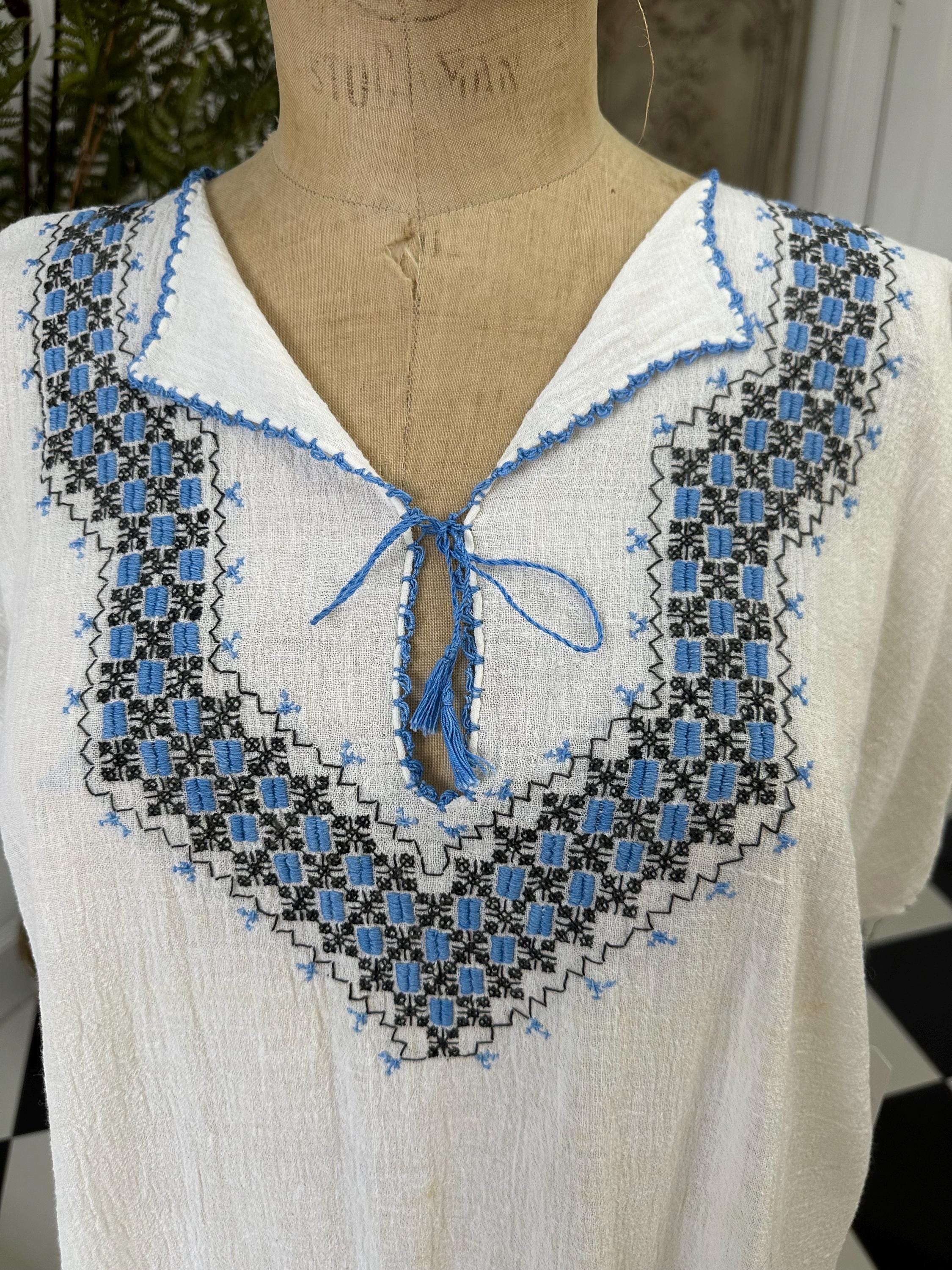 1970s hand loomed boho style  muslin dress with hand embroidered to the front
