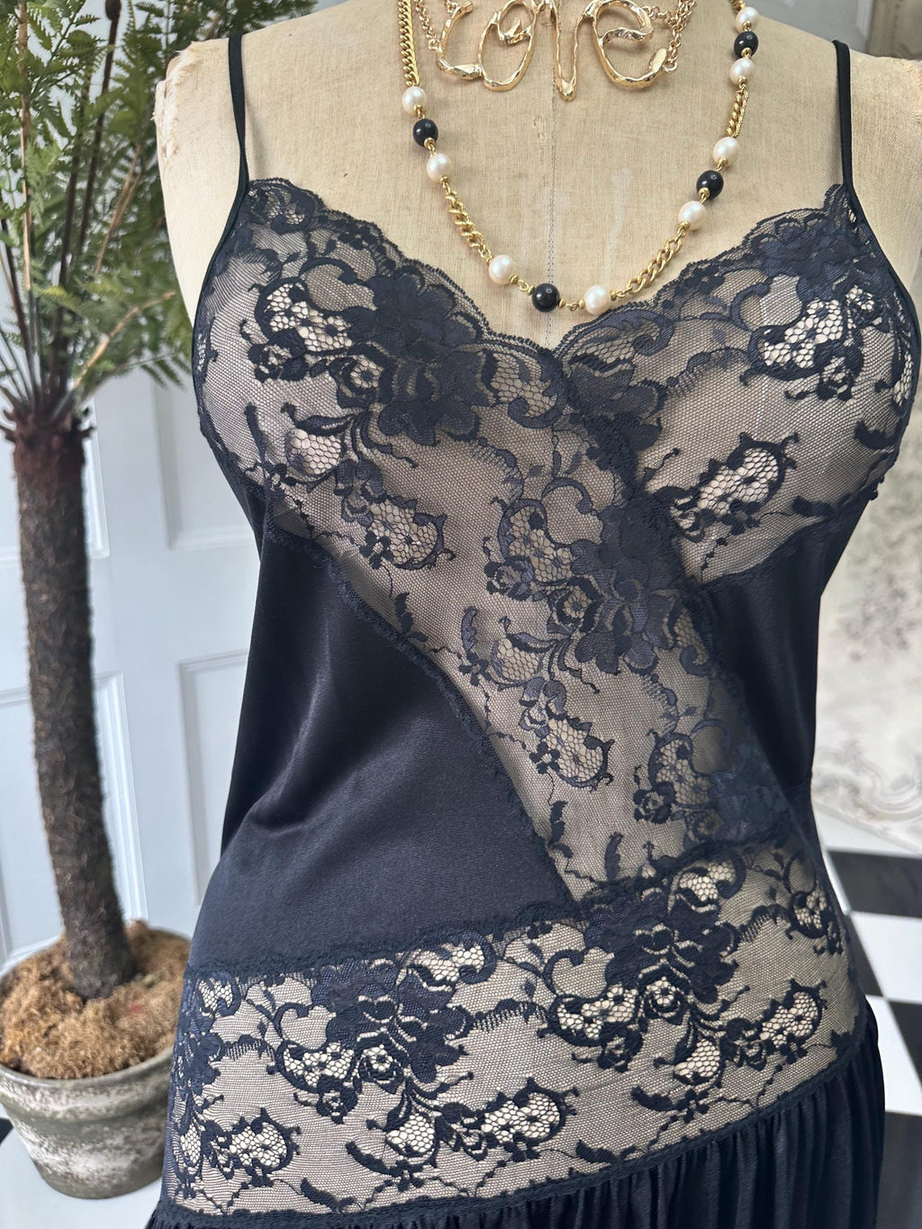 Vintage 1950 black lace slip dress lingerie