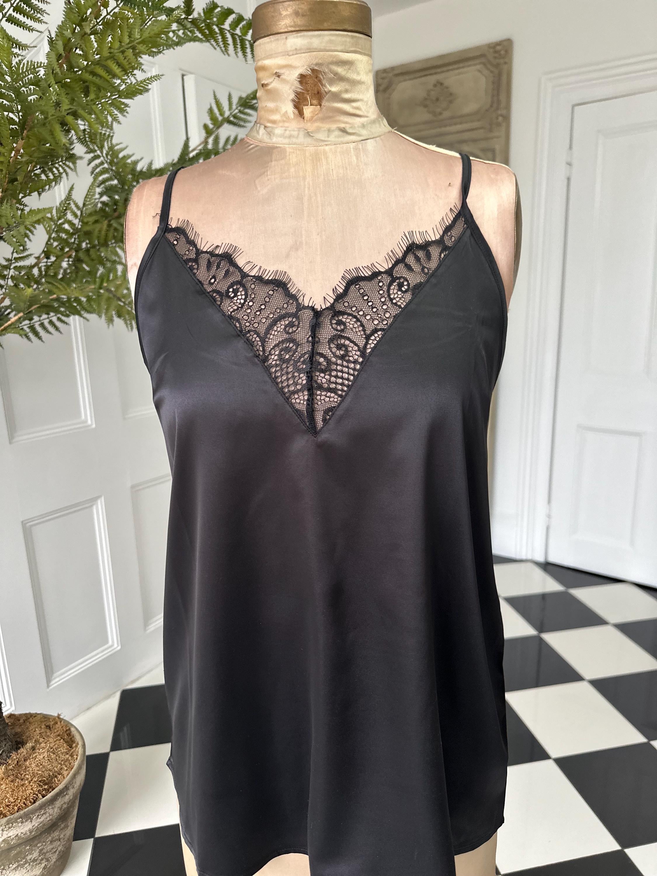 Vintage 1930s style satin and lace black camisole large size