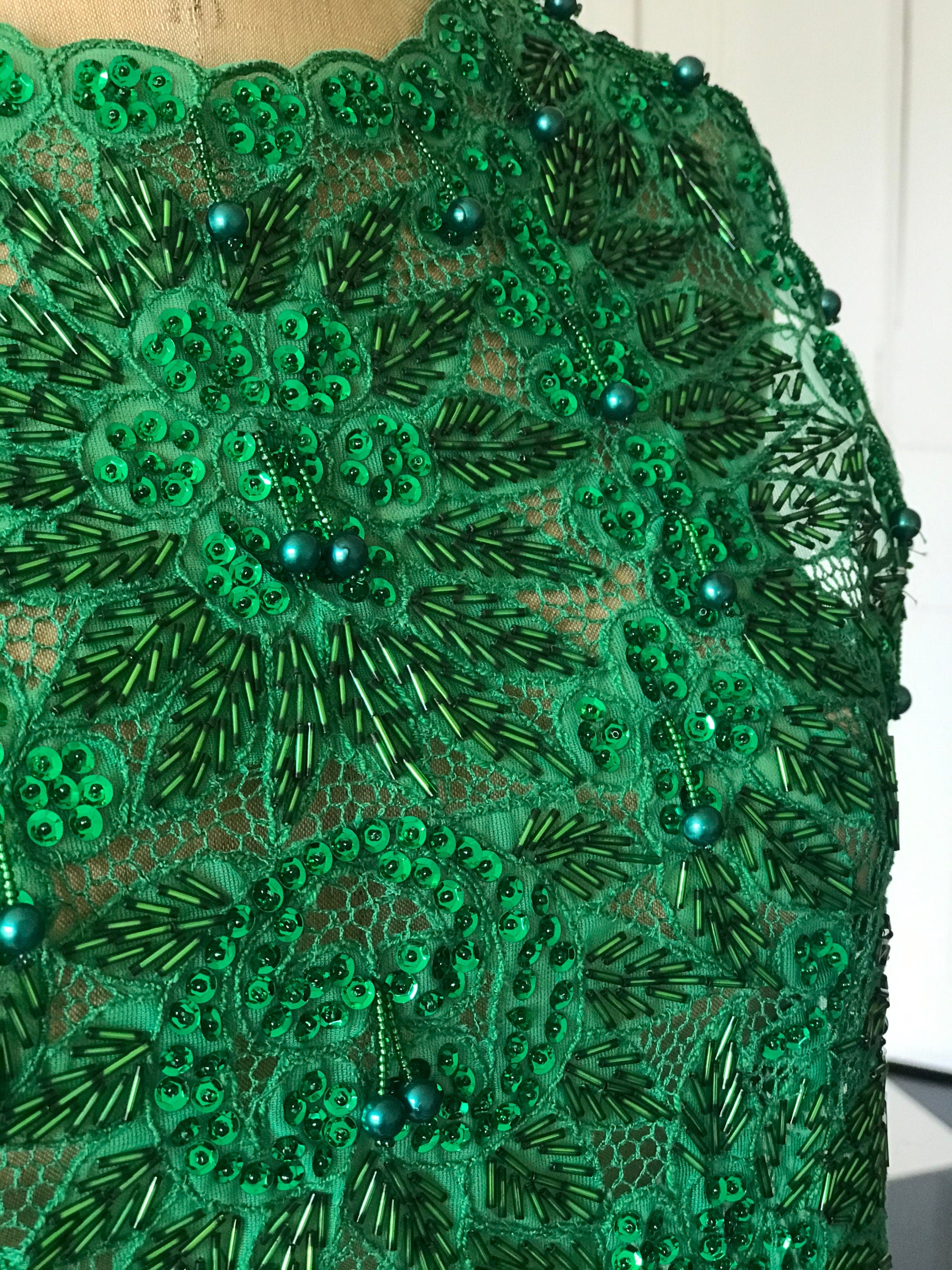 1960s Emerald green chiffon beaded blouse