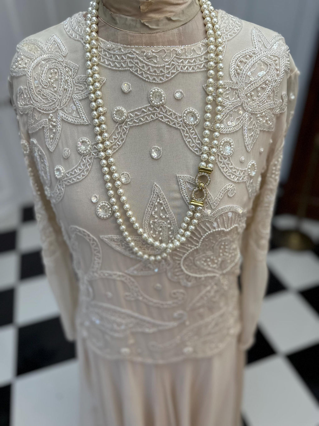 Vintage very pale pink silk party dress with beaded details