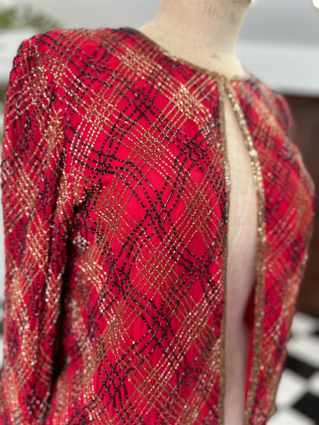 1980 silk red coctail jacket in black and gold beading