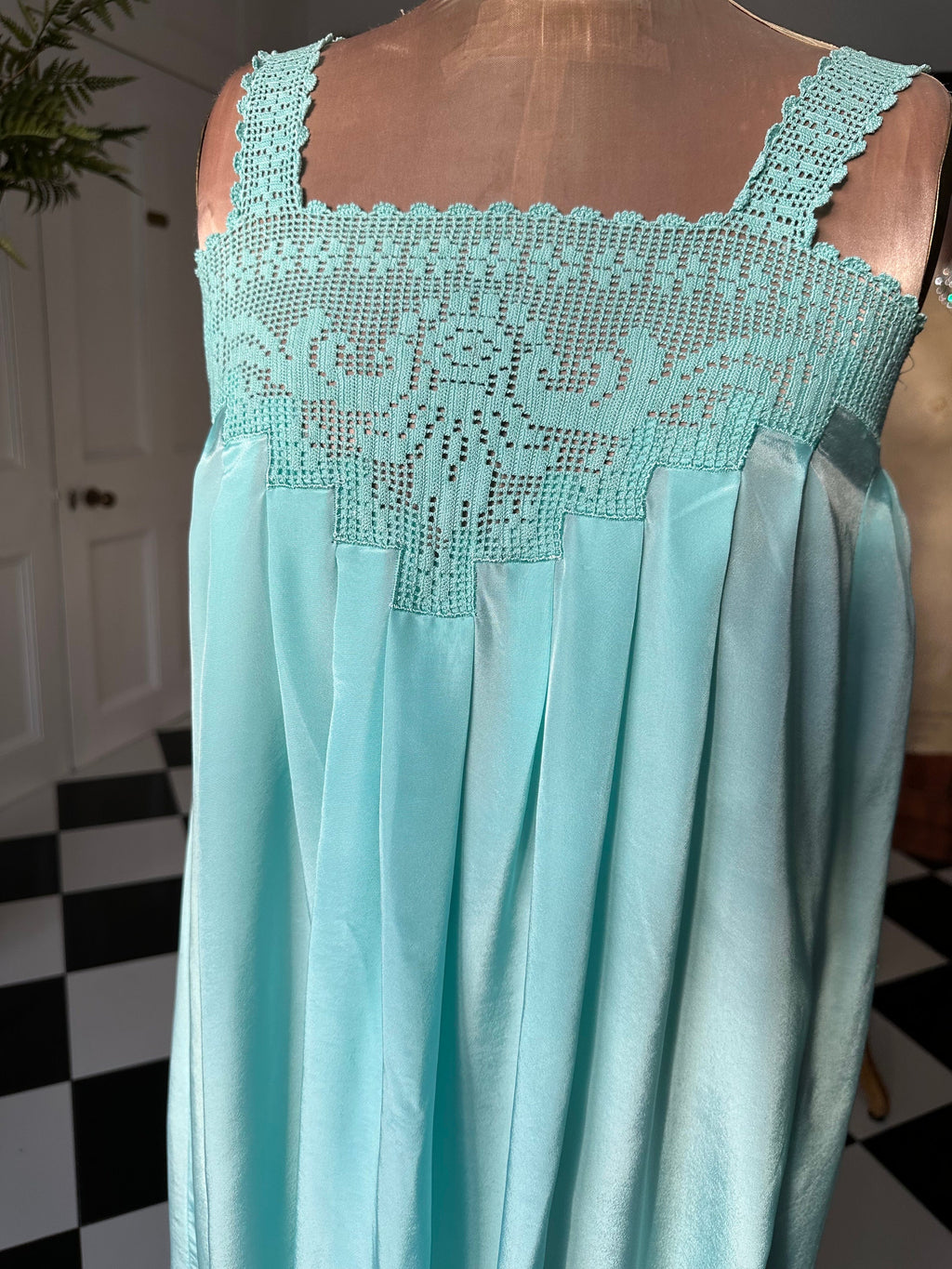 Vintage 1970s loose silky long slip dress hand crochet lace details