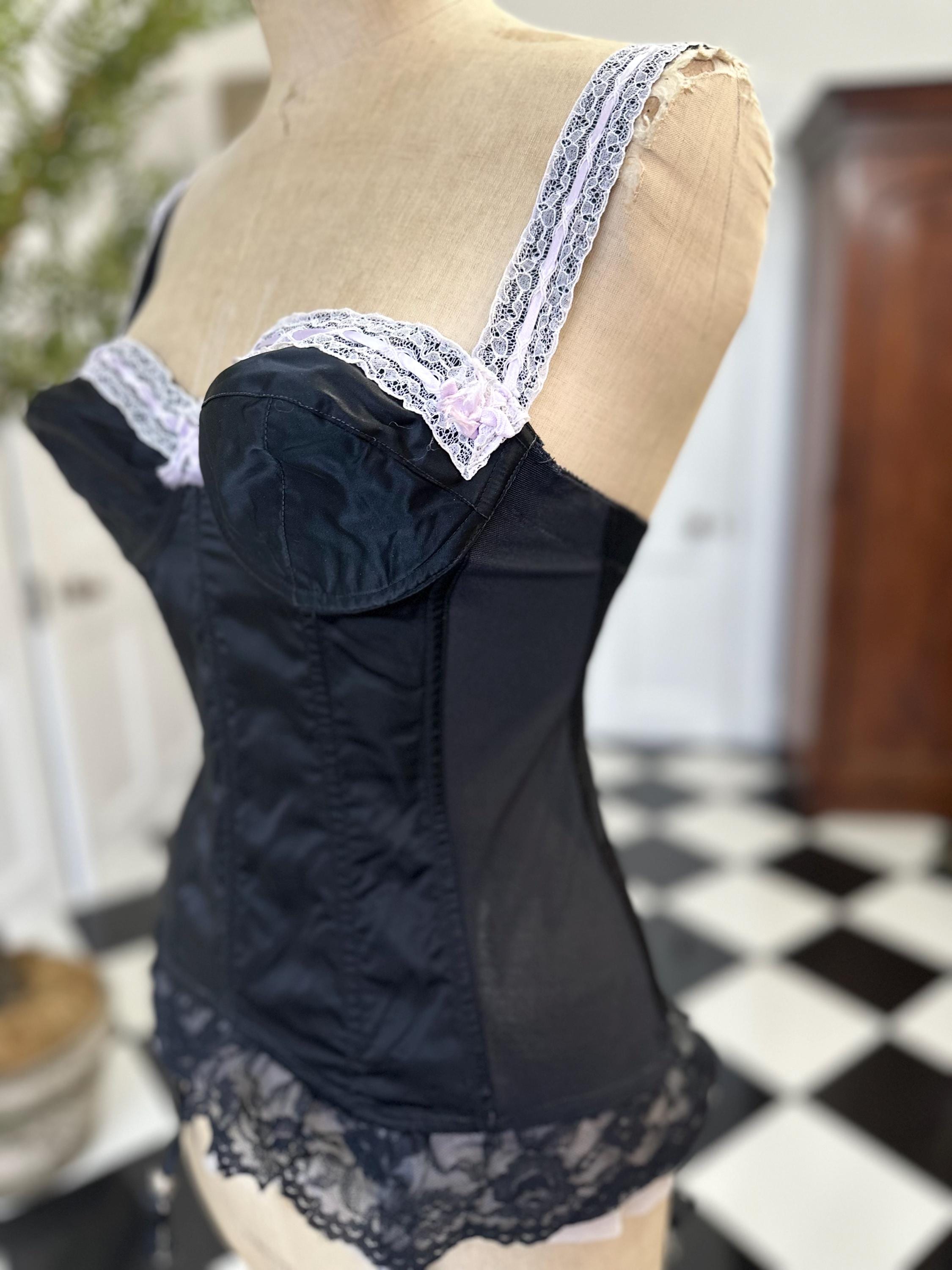 1950s Sexy black satin and lace corset bustier