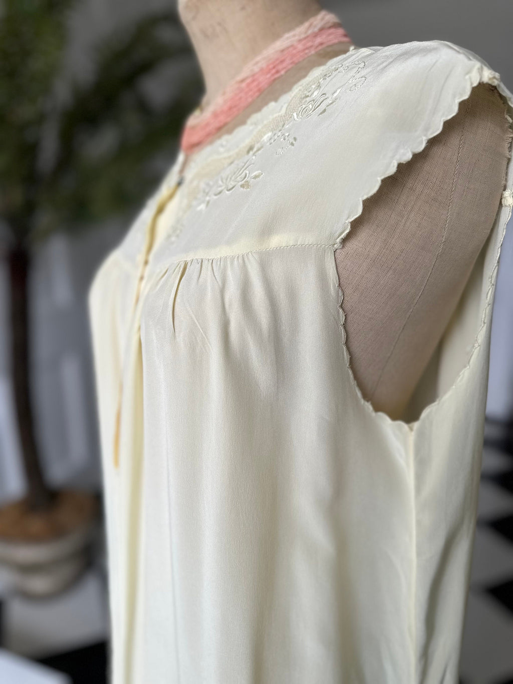 Vintage cream silk smock style long slip dress with hand embroidery