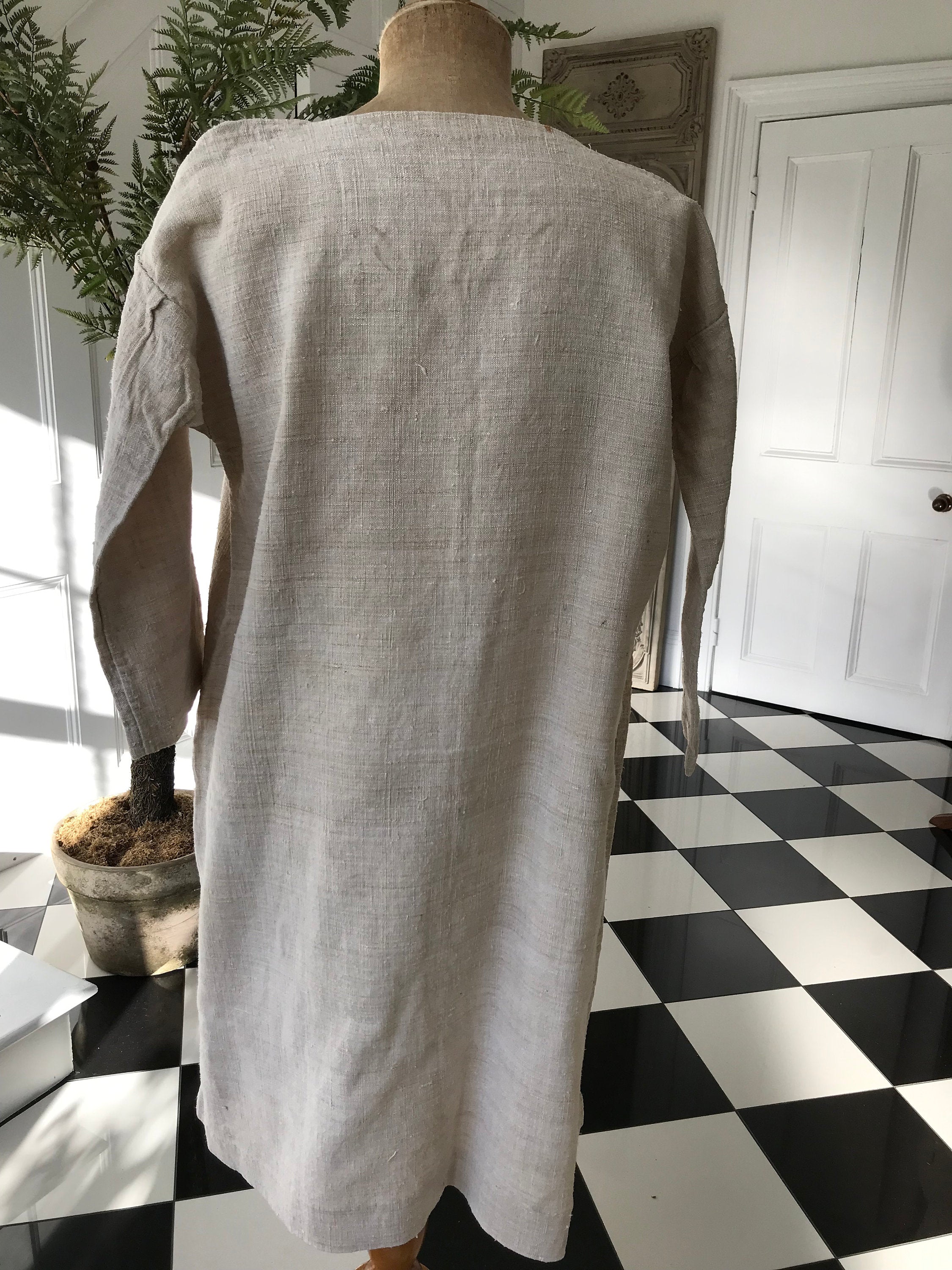 French 1800s Rustic farmers shirt dress hemp linen with monogram MV 49