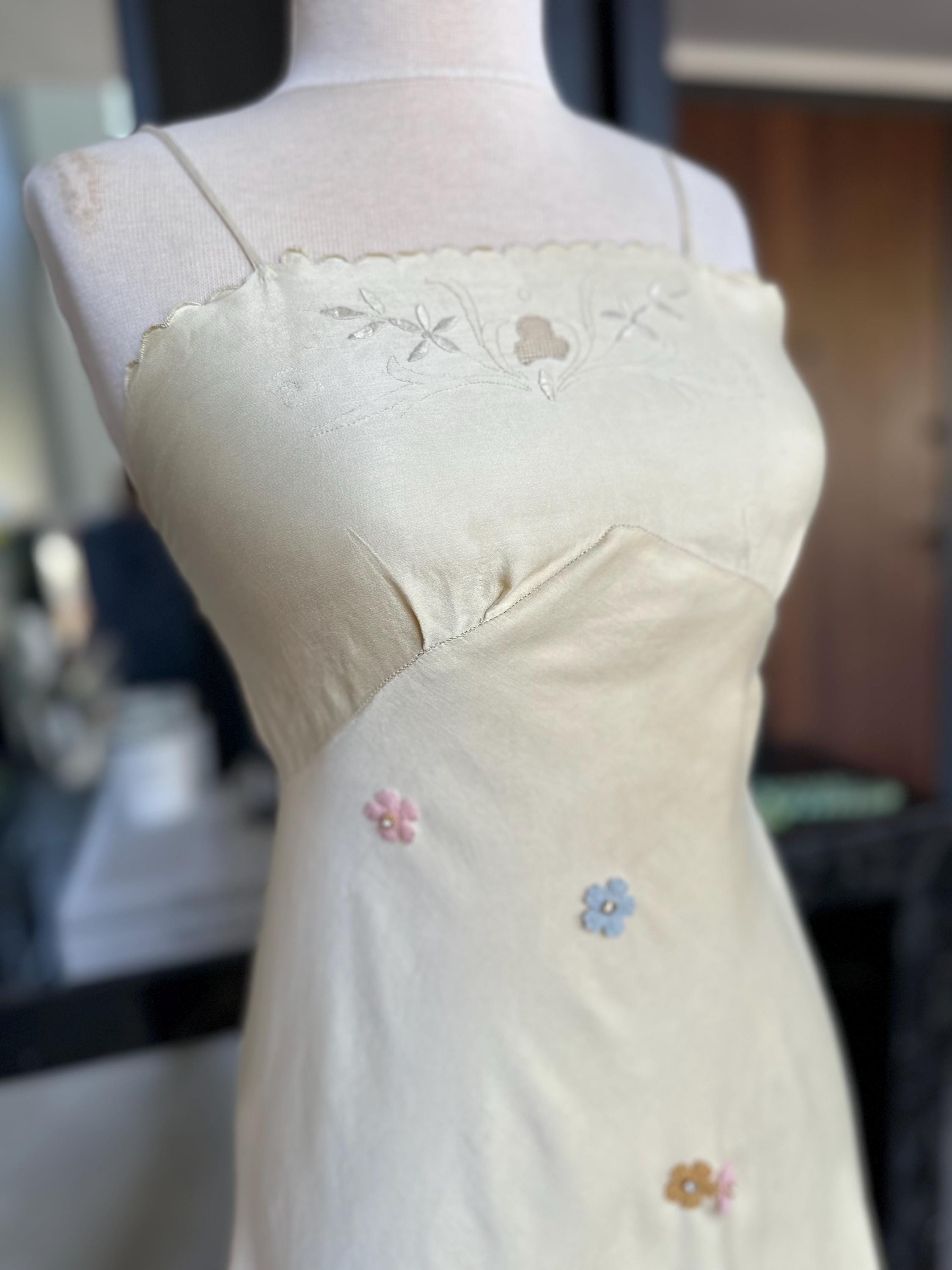 The Summer in Provence Silk Gown – Authentic 1940s Buttercream Silk with Florals applique