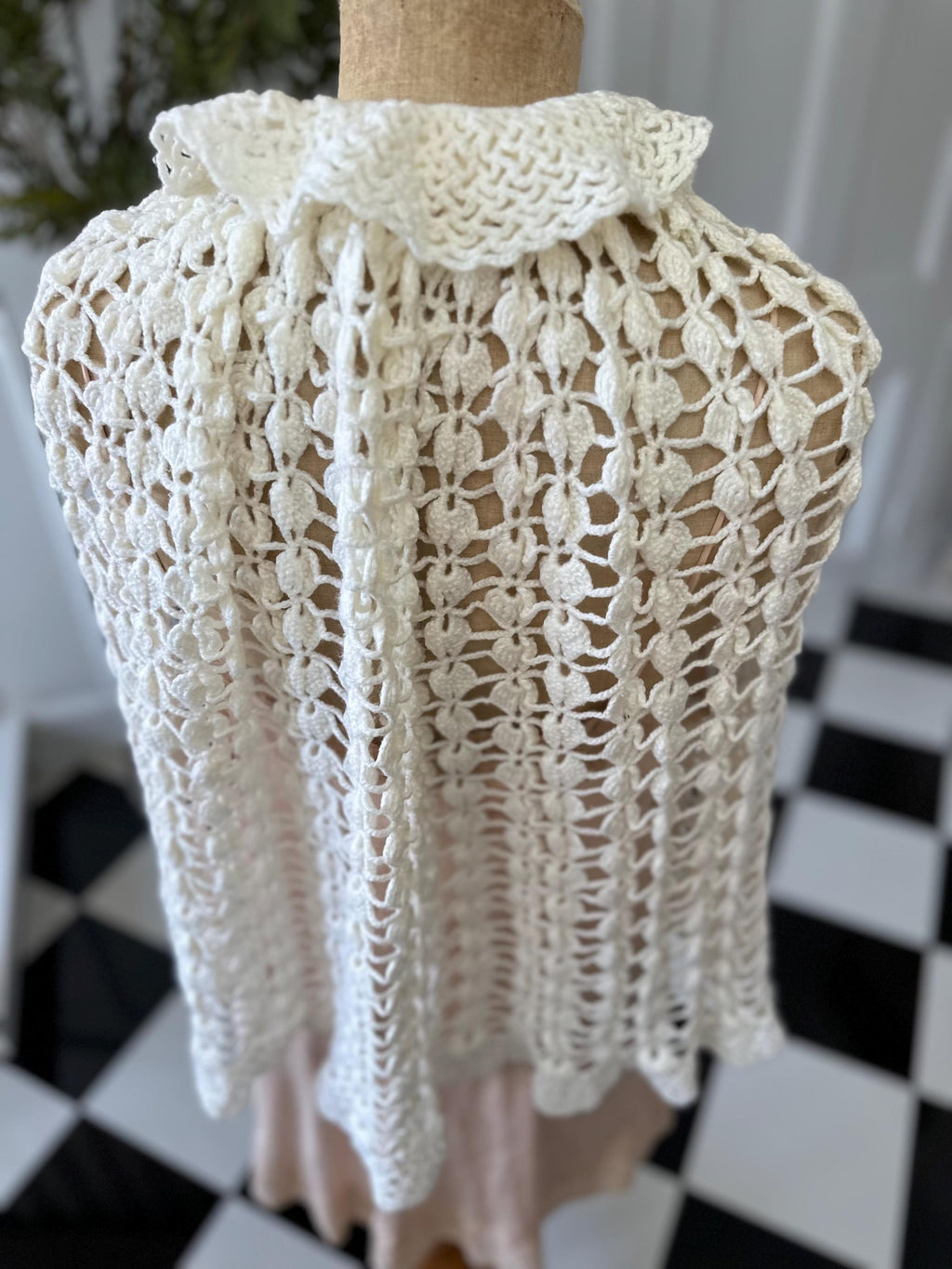 Vintage Off-White Hand Knitted Cape with Ruffle Neckline  and Pom Poms
