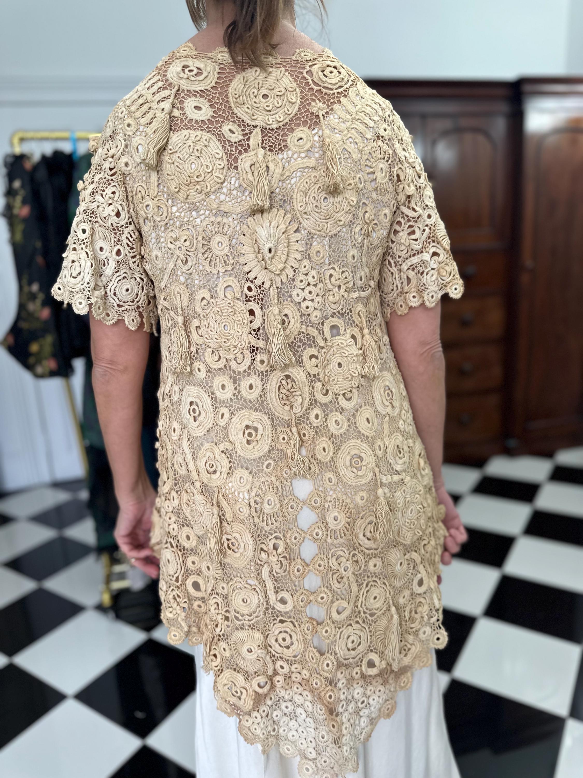 Vintage Irish Crochet Long Jacket Cardigan Intricate Handcrafted Beauty