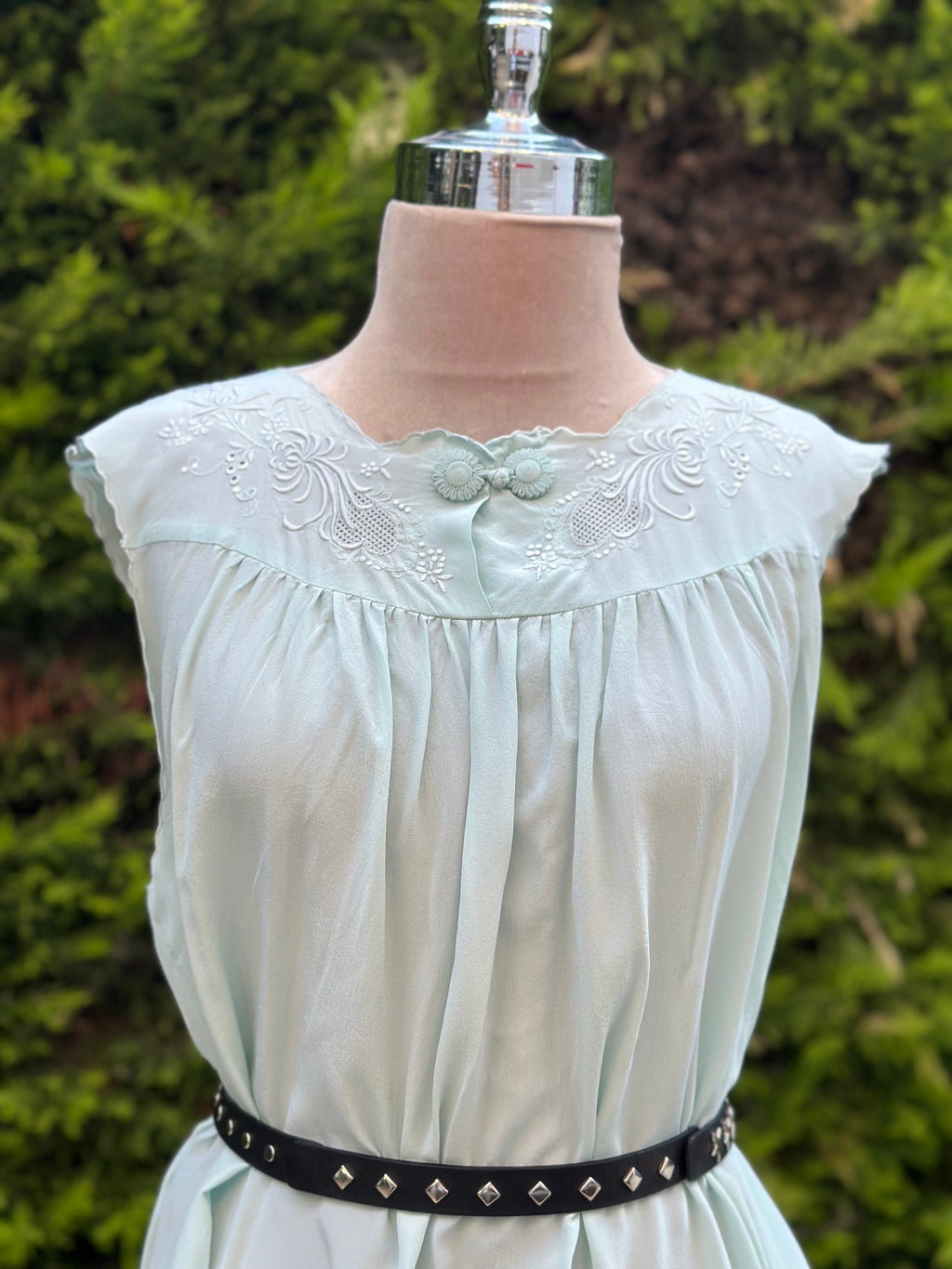 Vintage 1950s seafoam green silk smock slip  hand embroidered slip