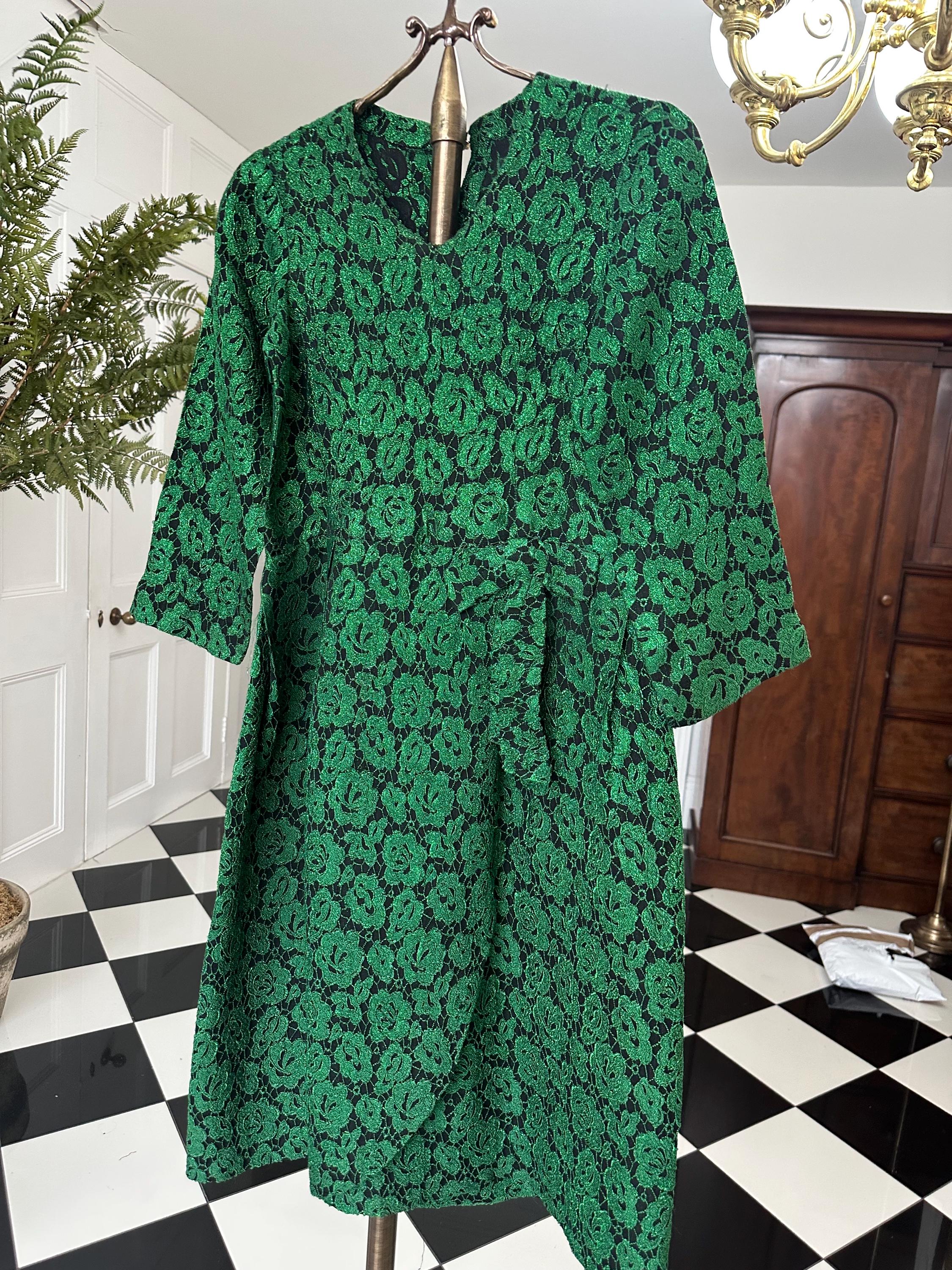 1950s 1960s Vintage lame emerald green cocktail dress