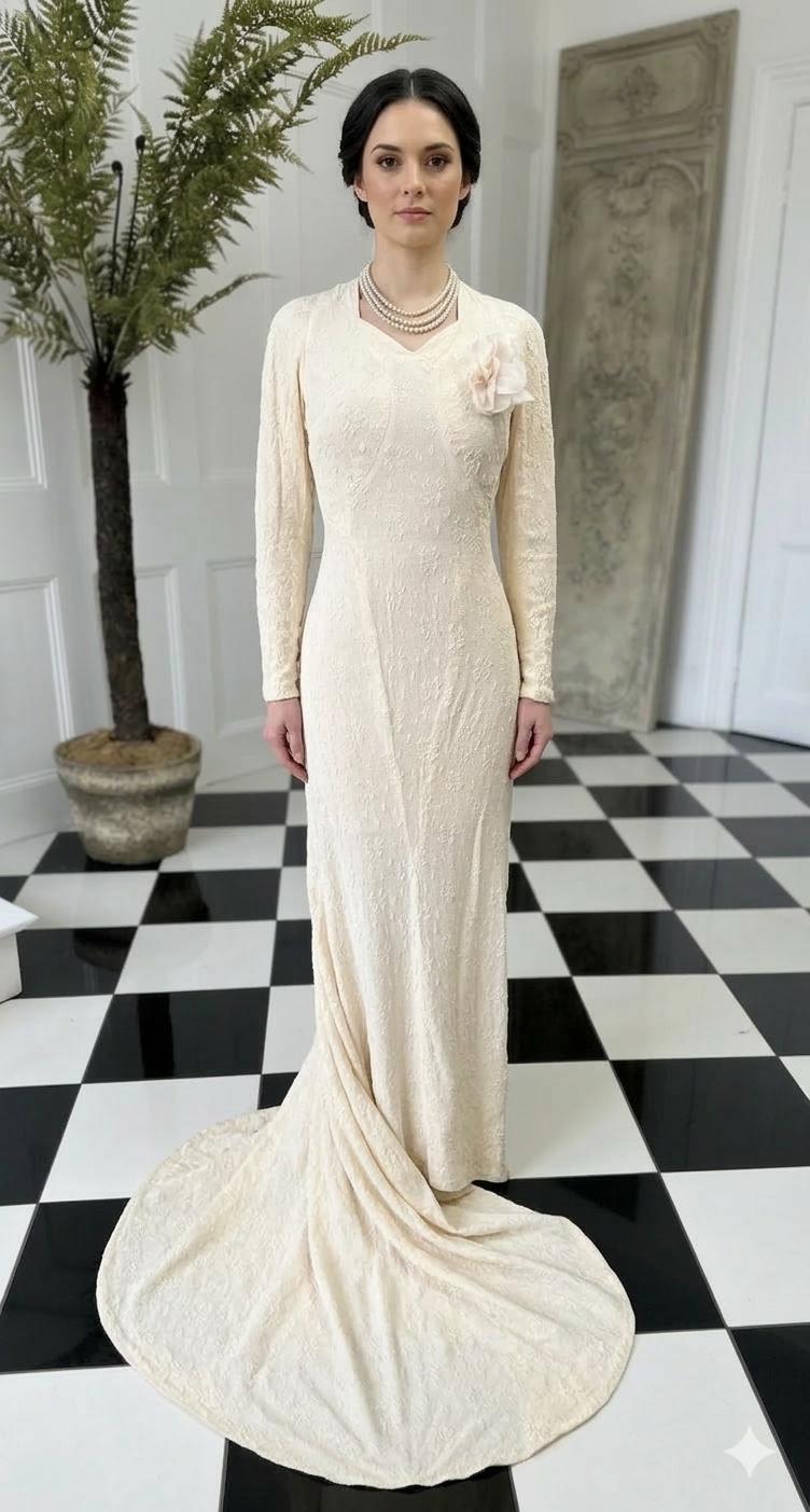 1930s Vintage bias cut wedding dress in peachy cream dress