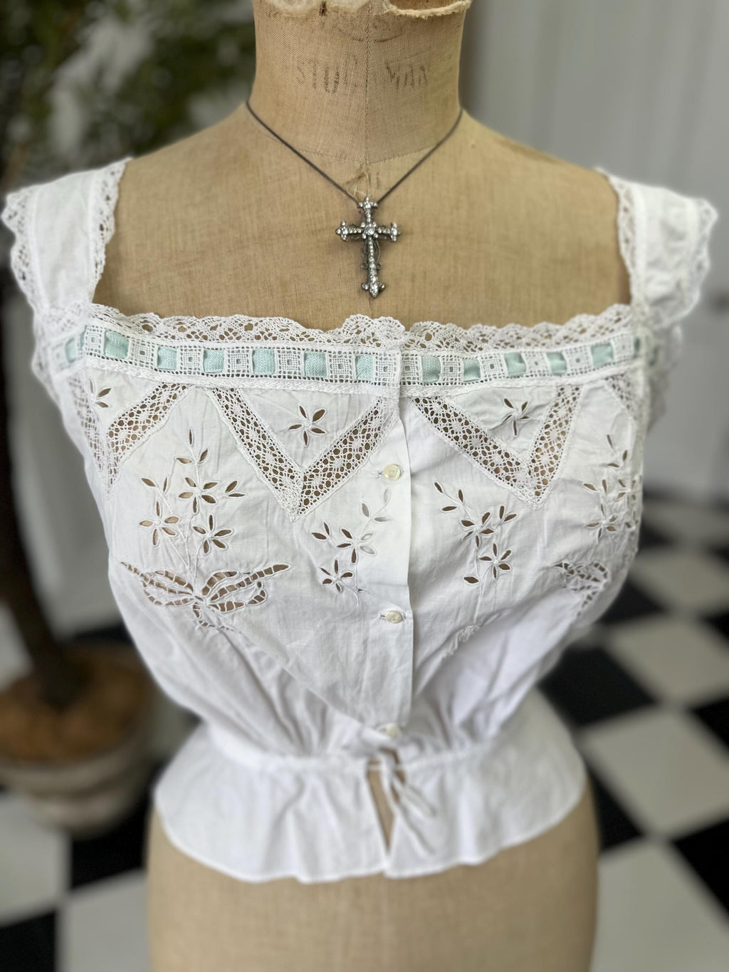 Elegant Victorian Edwardian Lace and Cotton Corset Cover monogram FM