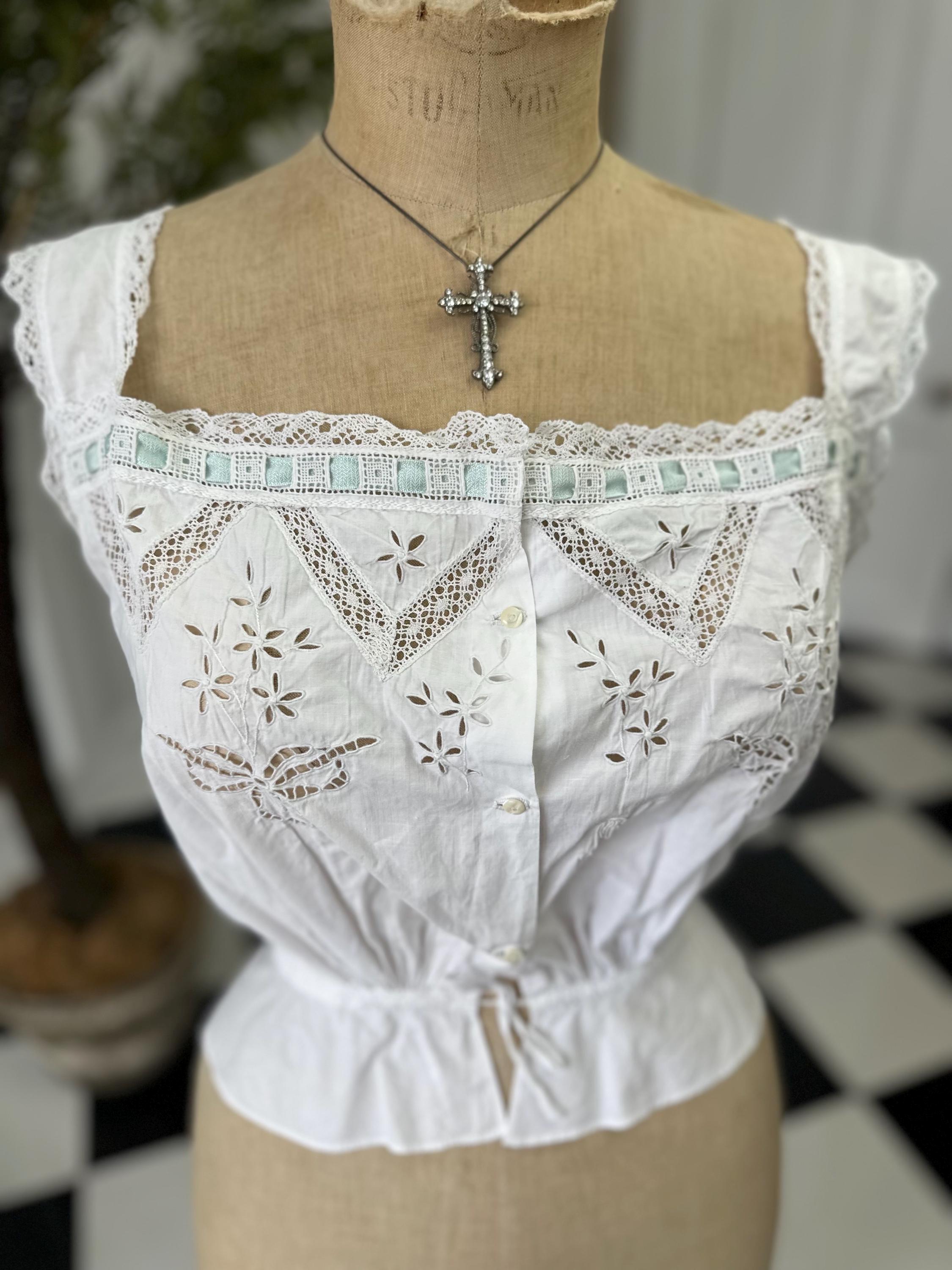 Elegant Victorian Edwardian Lace and Cotton Corset Cover monogram FM