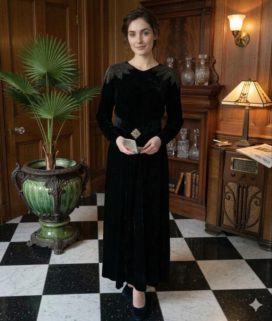1930s 1940s old Hollywood black silk velvet dress with sequin shoulders details