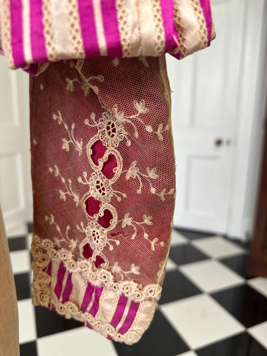 Edwardian Hot Pink Striped Silk Bodice with Lace