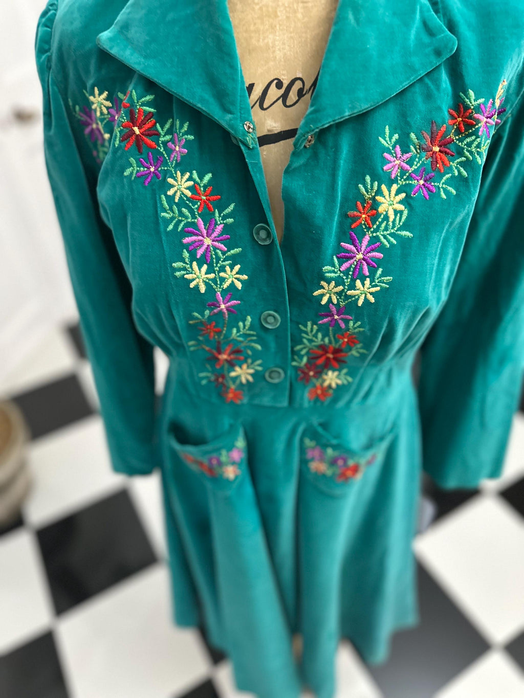 1940s velvet long sleeve dress with hand embroidery details