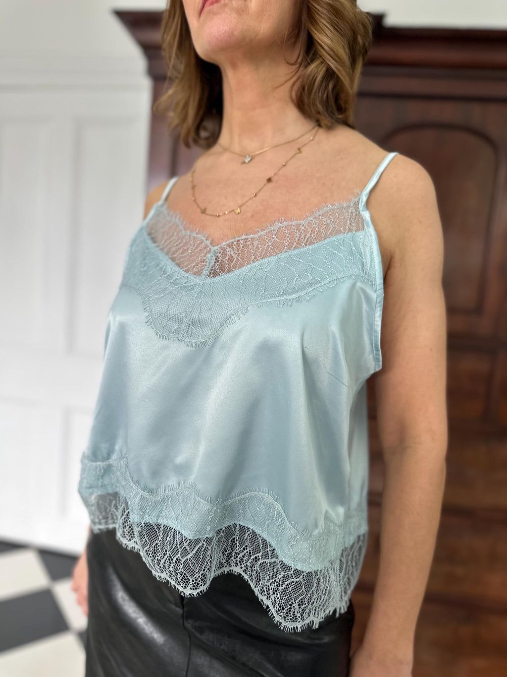 Vintage duck egg blue camisole with romantic lace