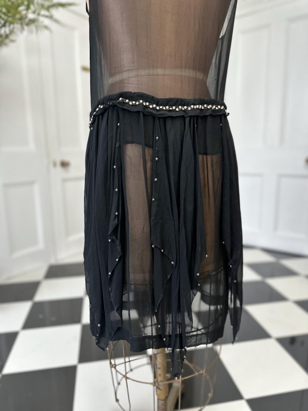 1920s Black sheer dress with diamond waistline details