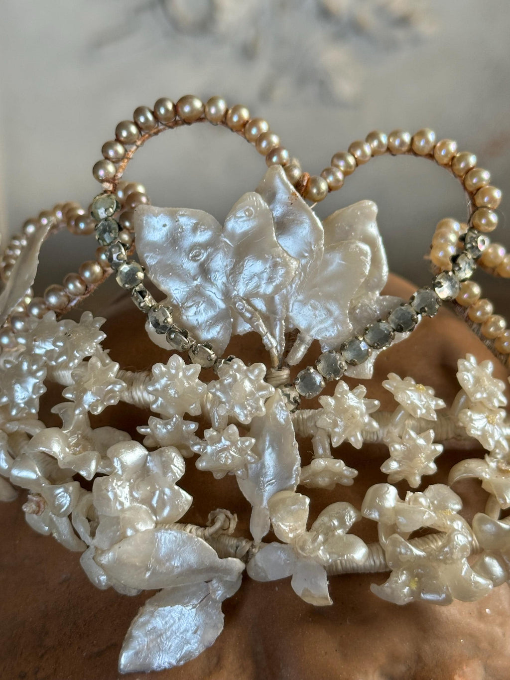 Vintage Floral Wax Tiara with Heart Accents 1930s 40s