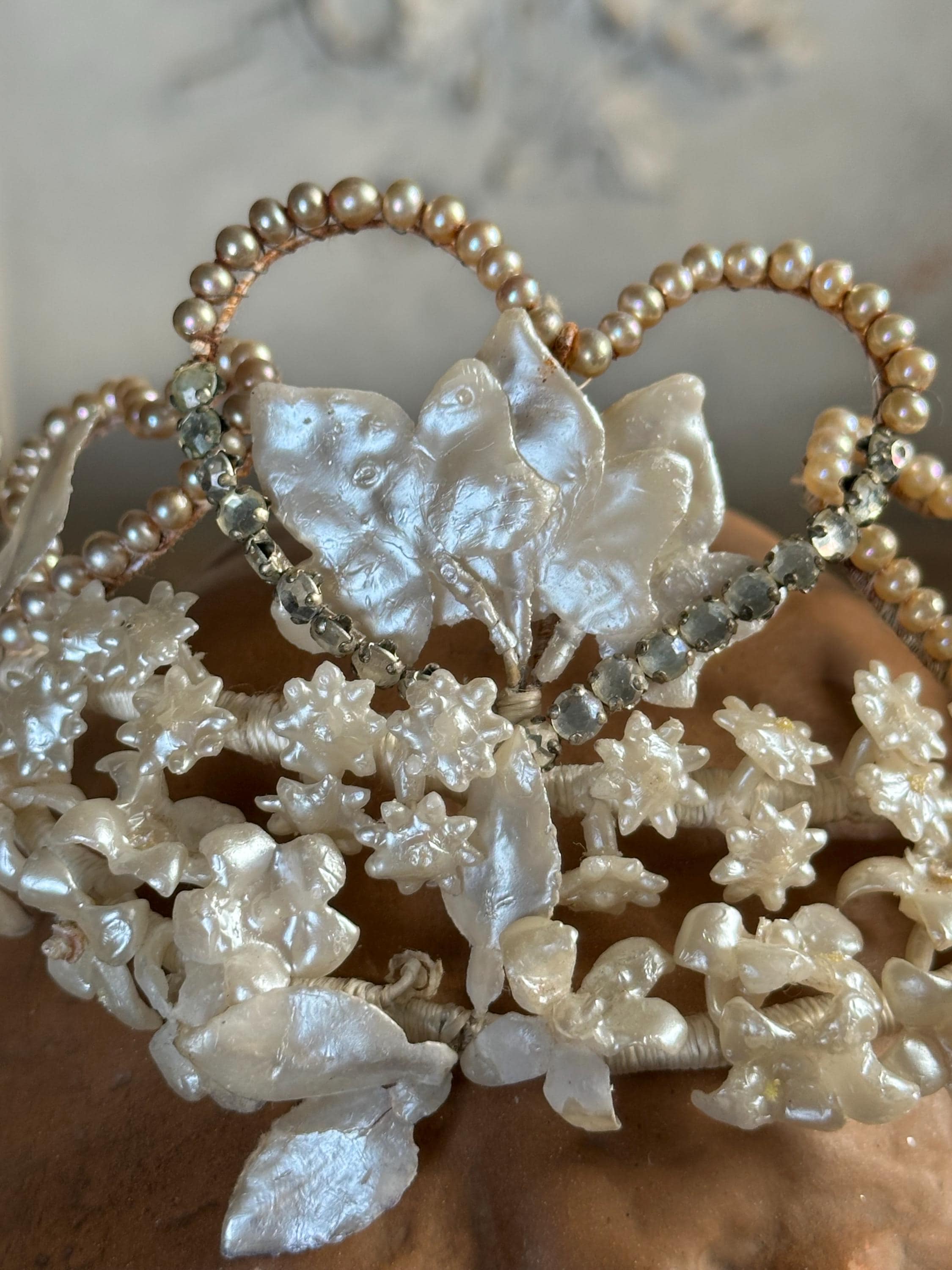 Vintage Floral Wax Tiara with Heart Accents 1930s 40s