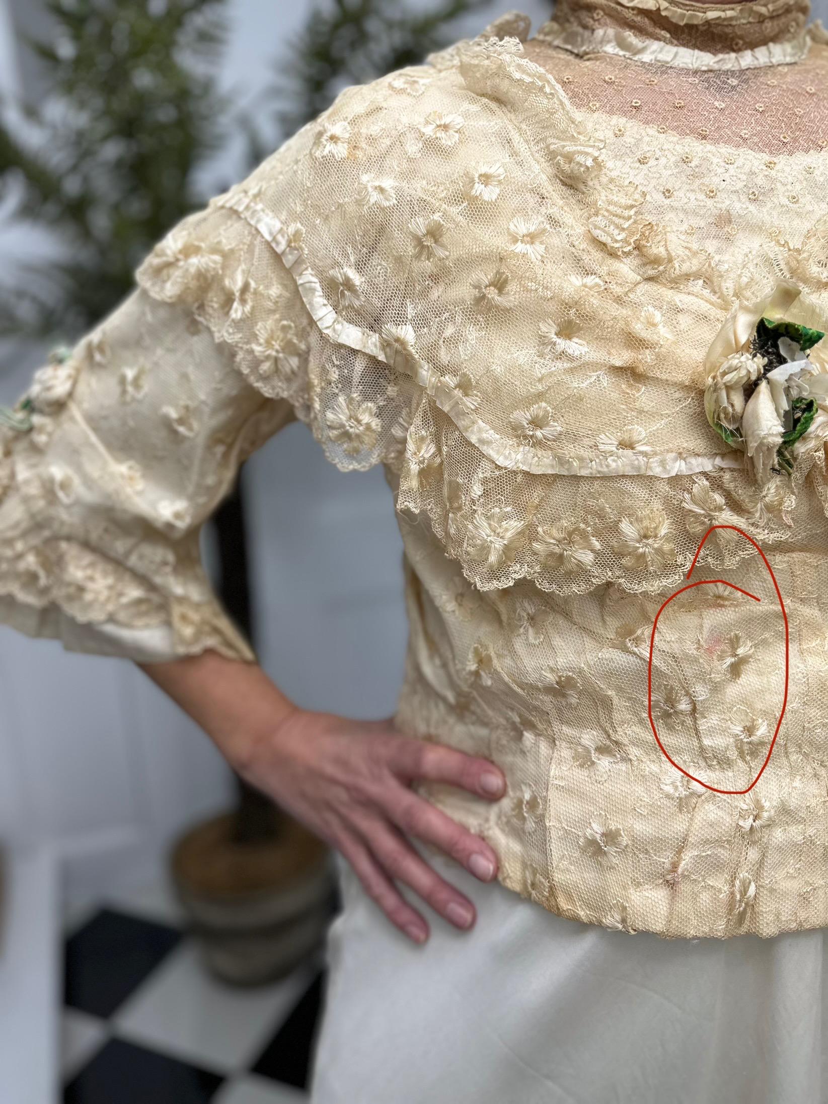 Romantic Lace Bridal Bodice Silk Embroidery with Floral Corsage and Silk Ribbon Details