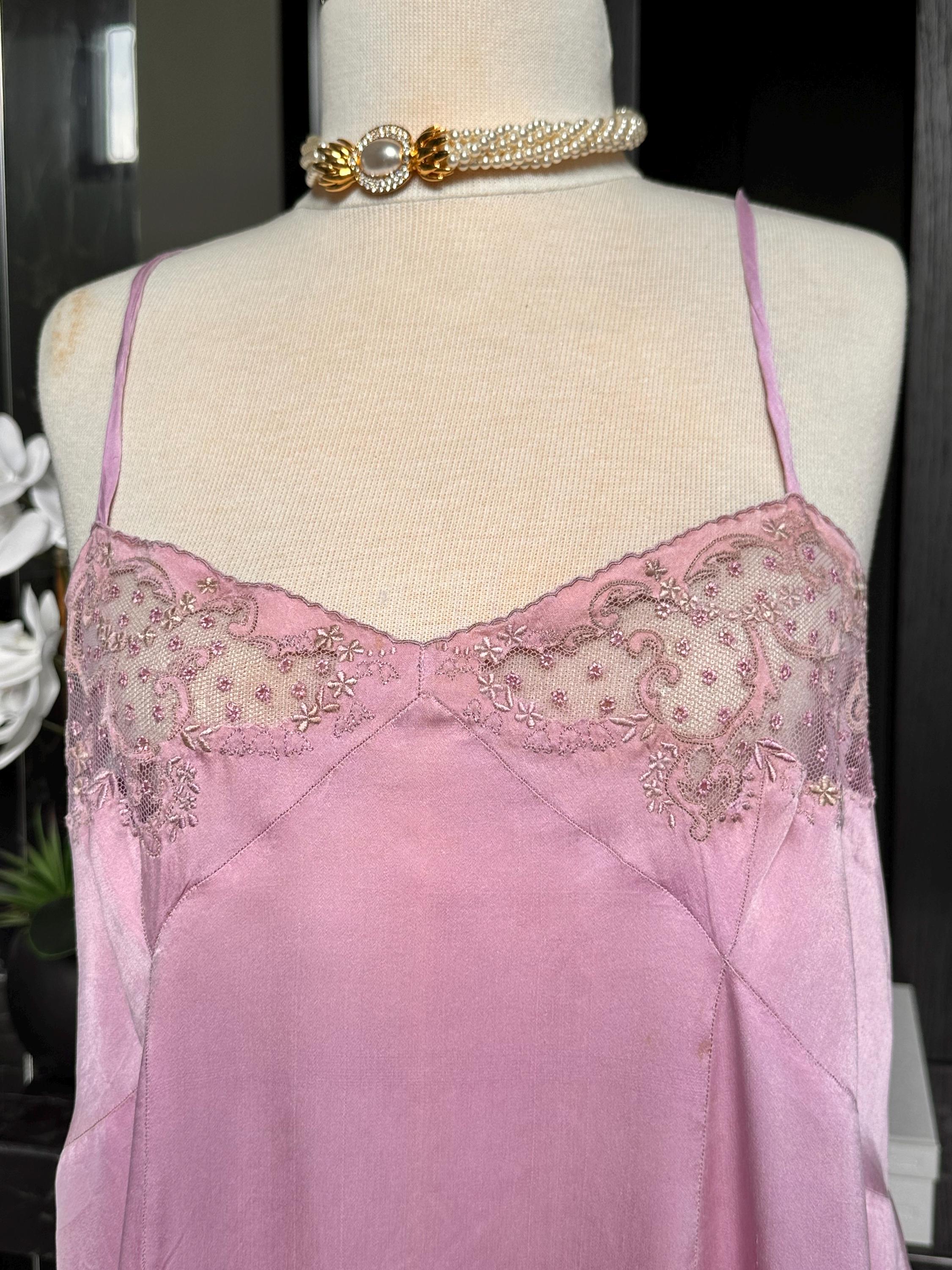 Large size. Antique 1930s Lilac Silk Slip – Authentic Lace embroidery Inset Bias-Cut