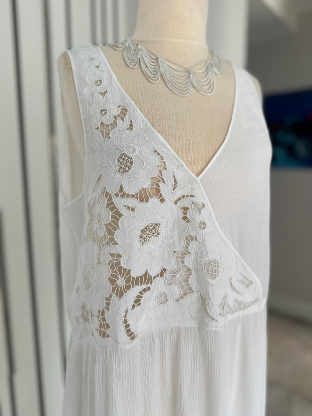 1970s crossover cutout lace white long slip dress