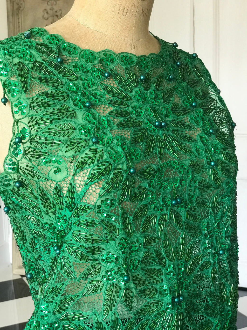1960s Emerald green chiffon beaded blouse