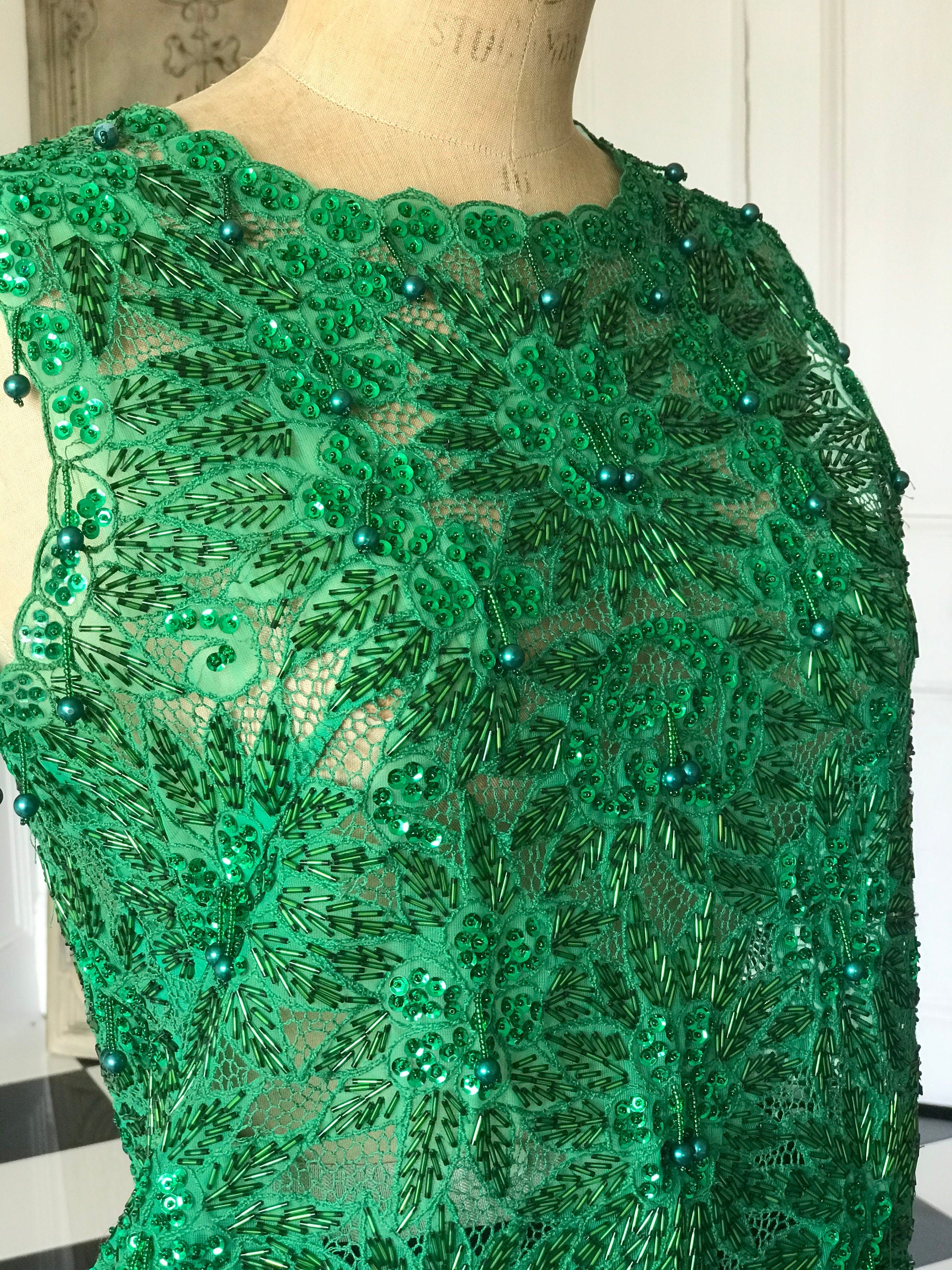 1960s Emerald green chiffon beaded blouse