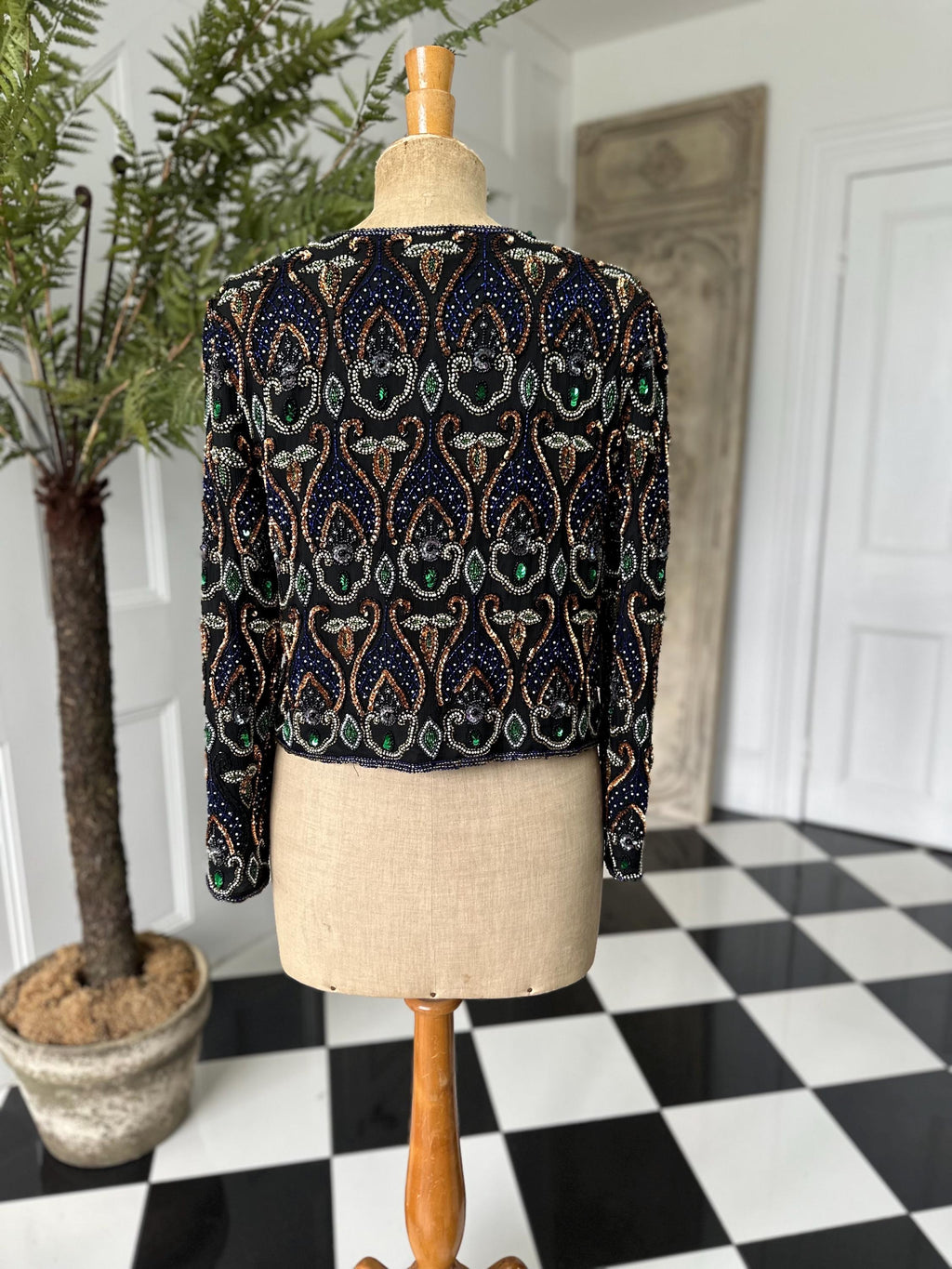 1980 Silk jacket with blue bronze pearl sequin long sleeve