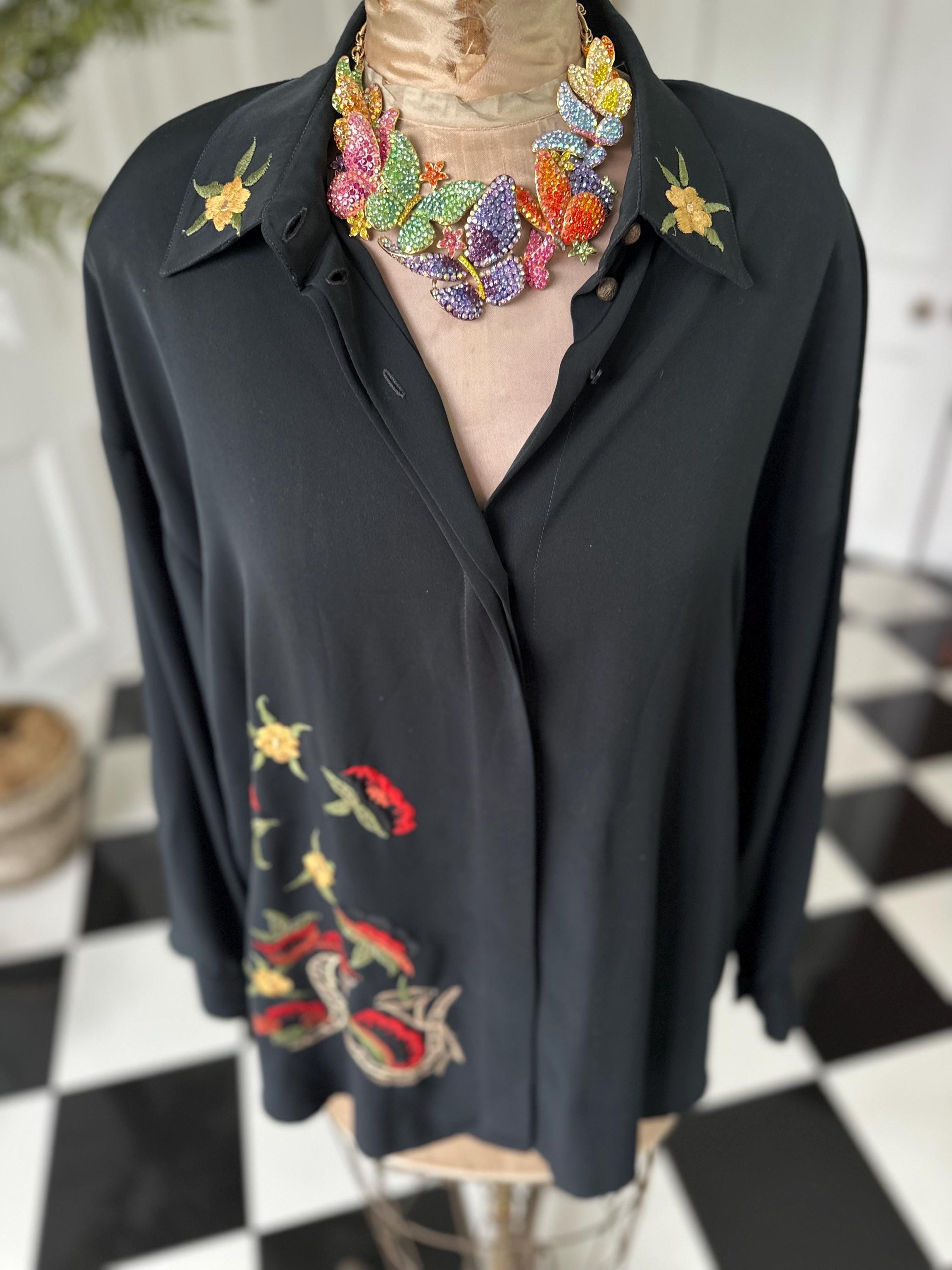 Vintage 1980s Black Long Sleeve Blouse with Embroidered Collar