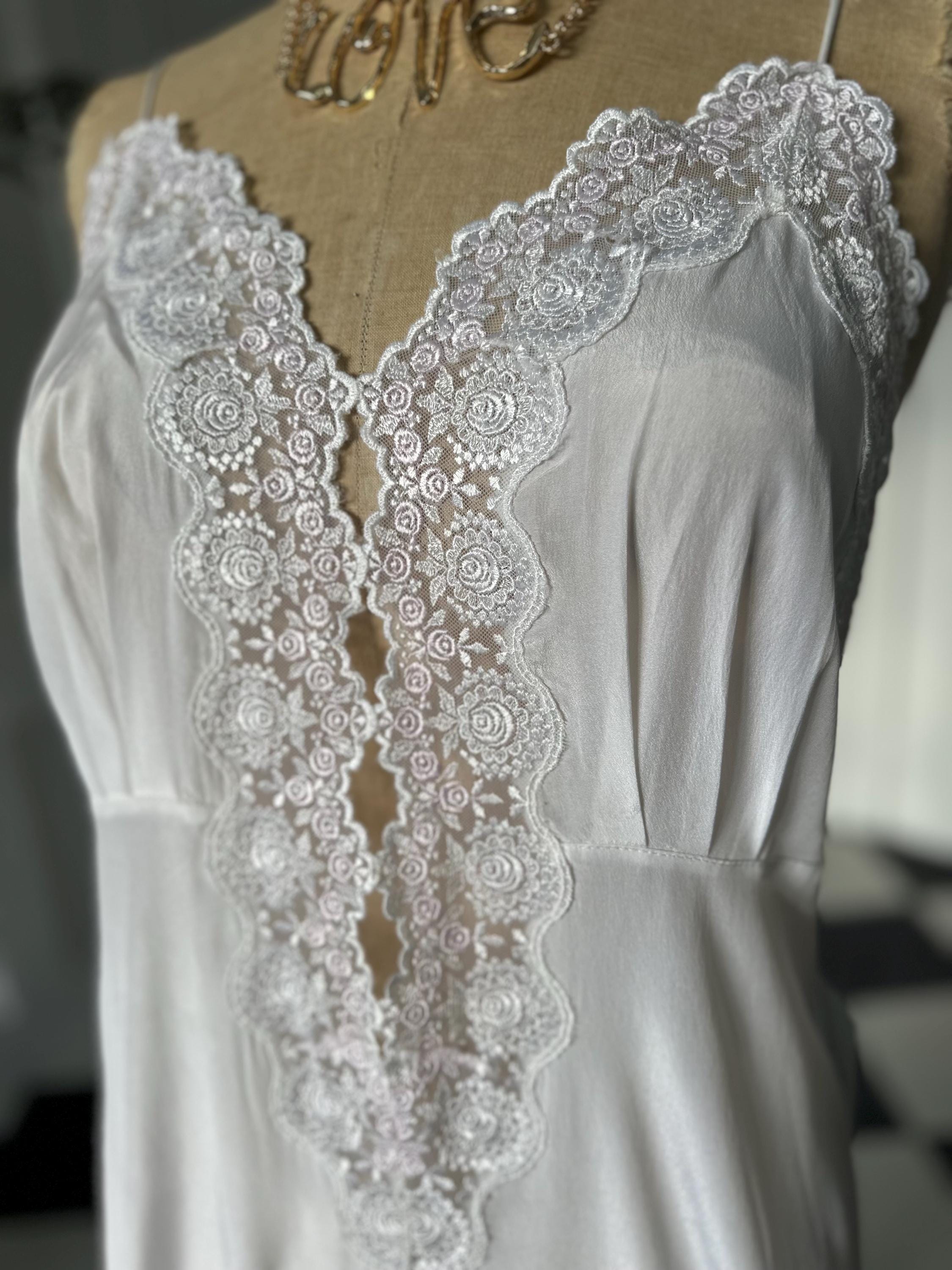 Vintage 1970s  White Silky Slip Gown | Deep V Floral Lace Inset Bridal Nightgown