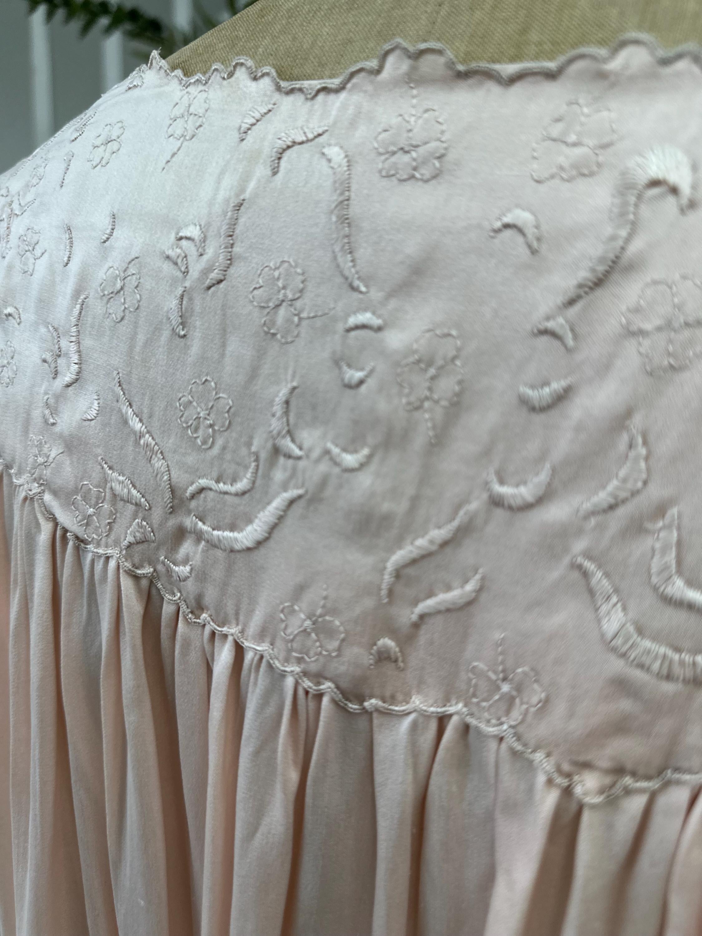 1940s pale lilac pink silk loose slip dress with boat neckline with  embroidery