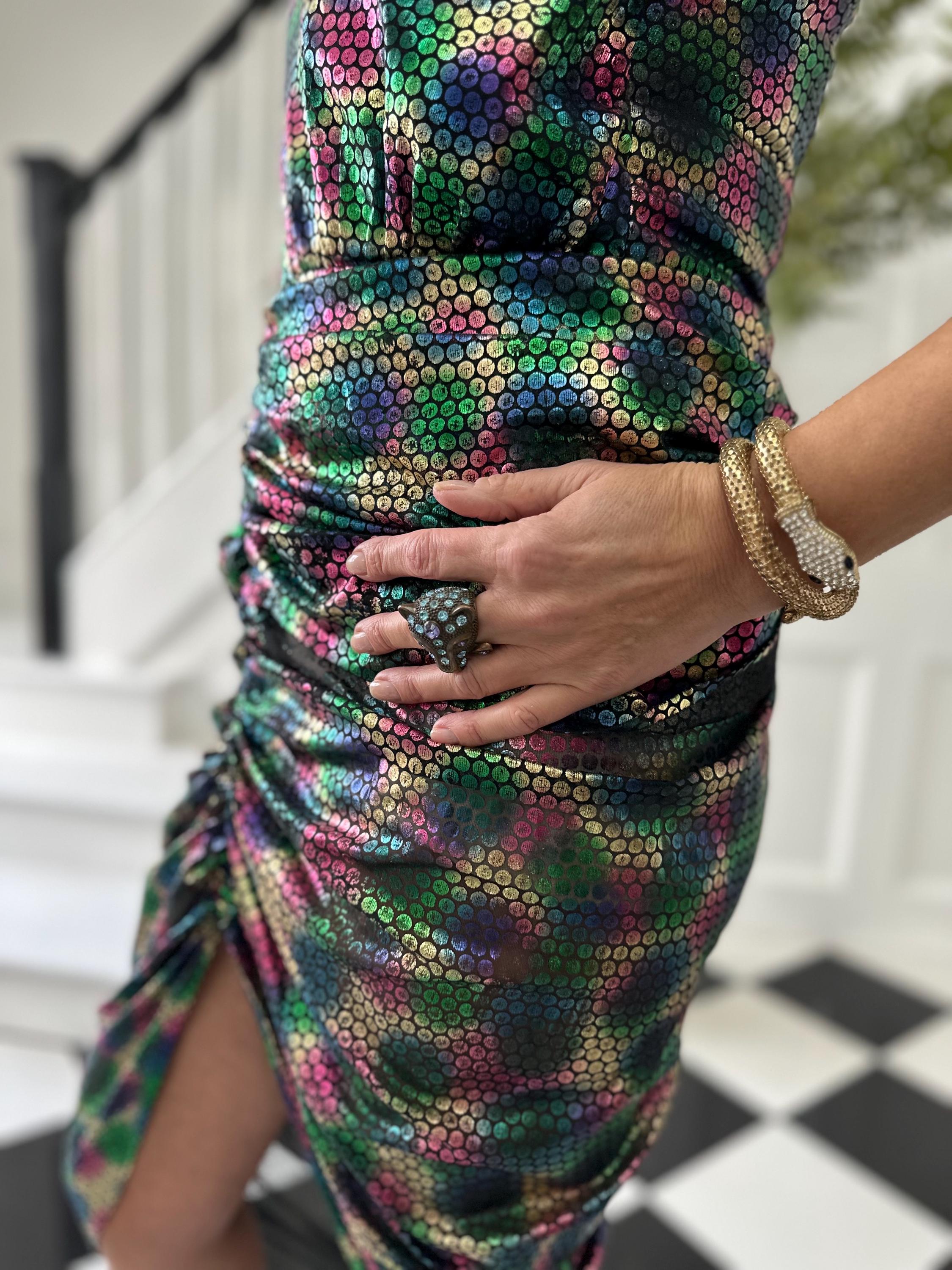 1980s vintage iridescent mermaid scale ruched cocktail  dress