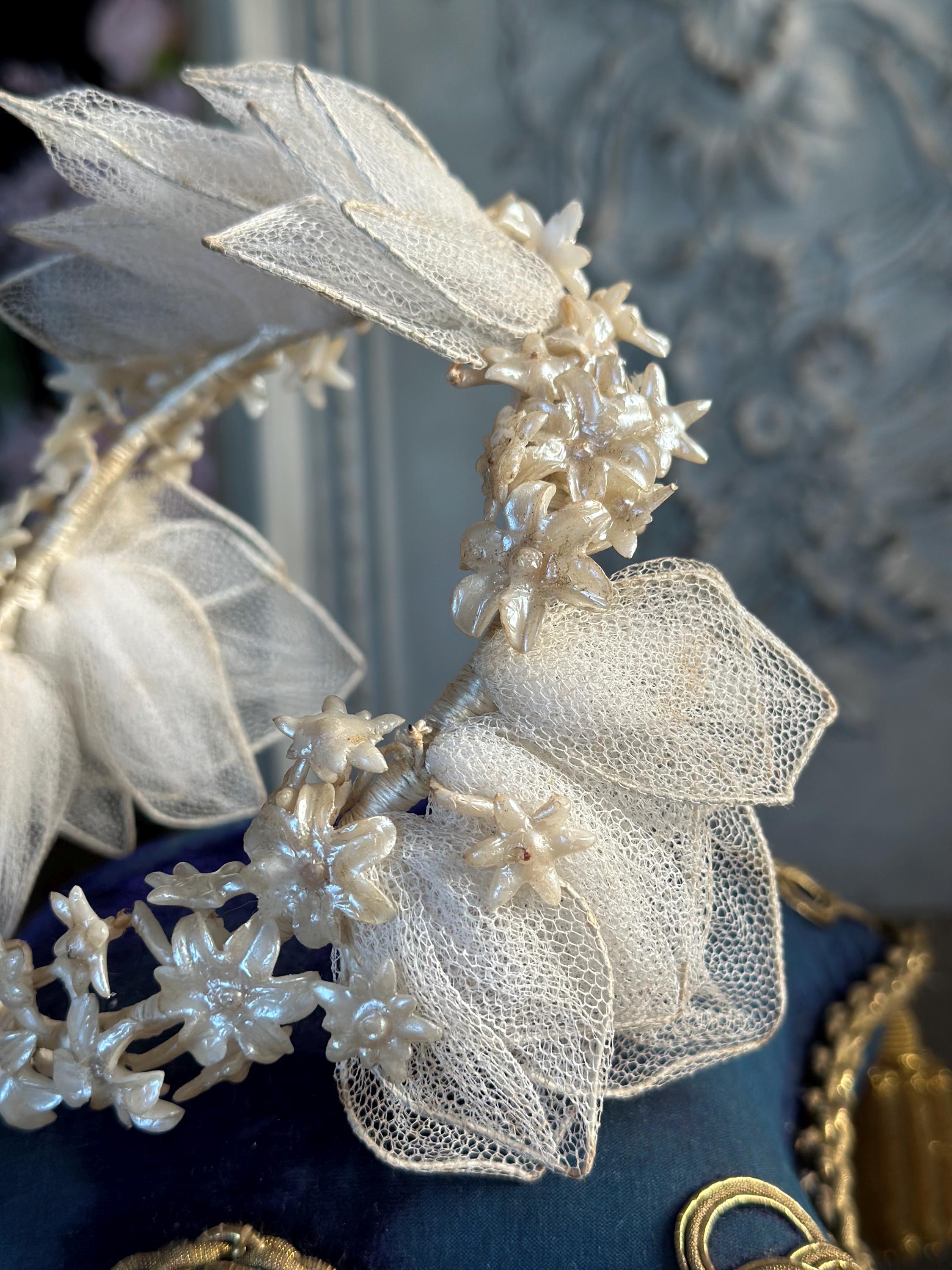 Antique 1940s  Floral Wax Tiara with tulle