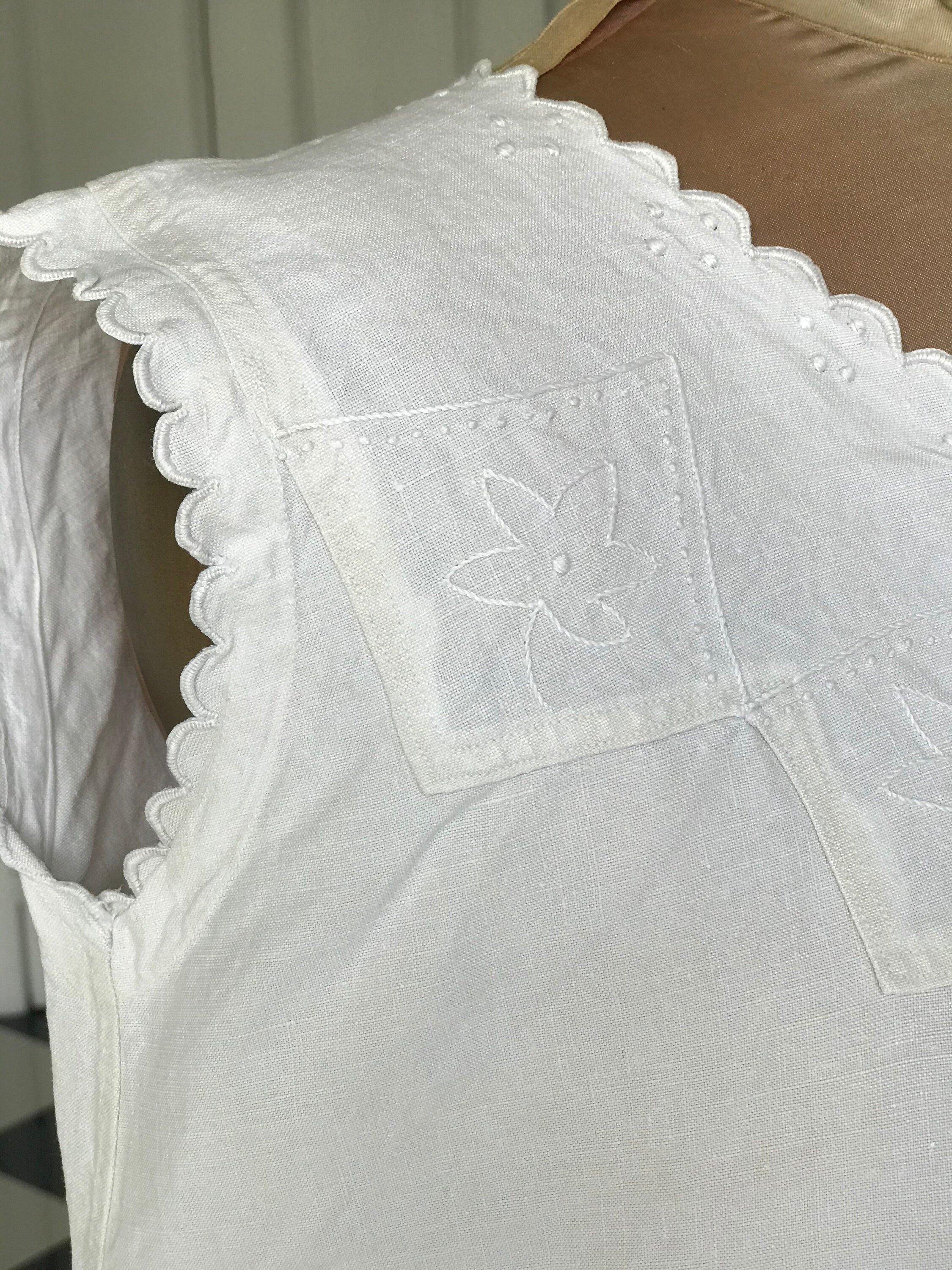 Antique Linen Smock Dress: Hand Embroidered Monogram, UK 8-10