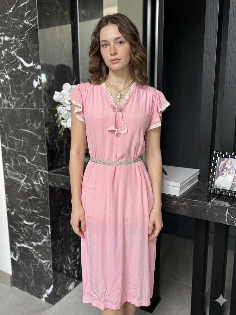 1930s Pink Silk Gown | Lace Ruffle Sleeve Slip, Antique Crepe Nightgown