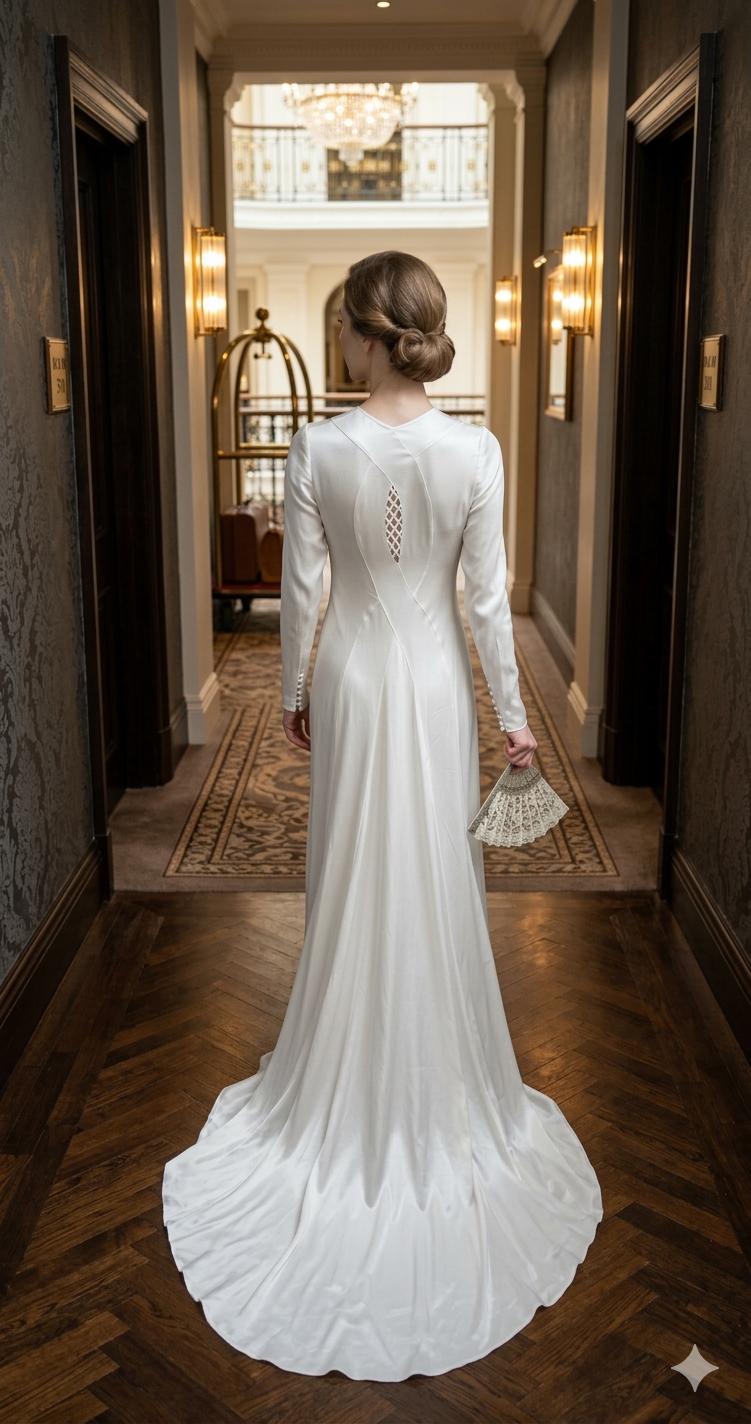 1930s white satin bias cut wedding dress