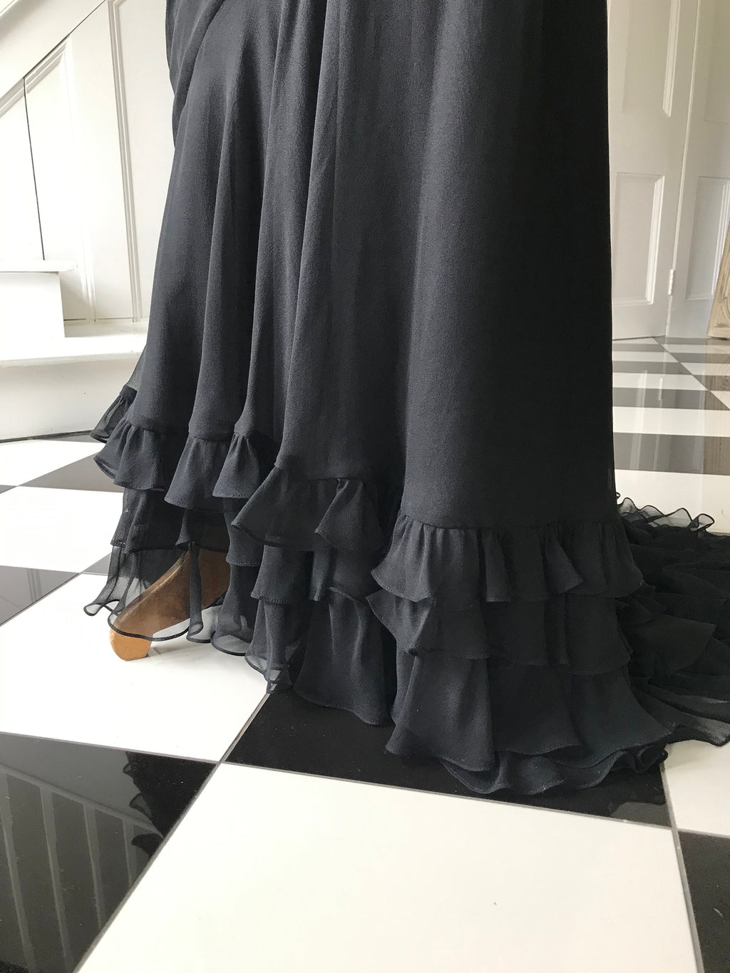 Vintage 1980s long black silk crepe mermaid style  party dress with embellishment and ruffles