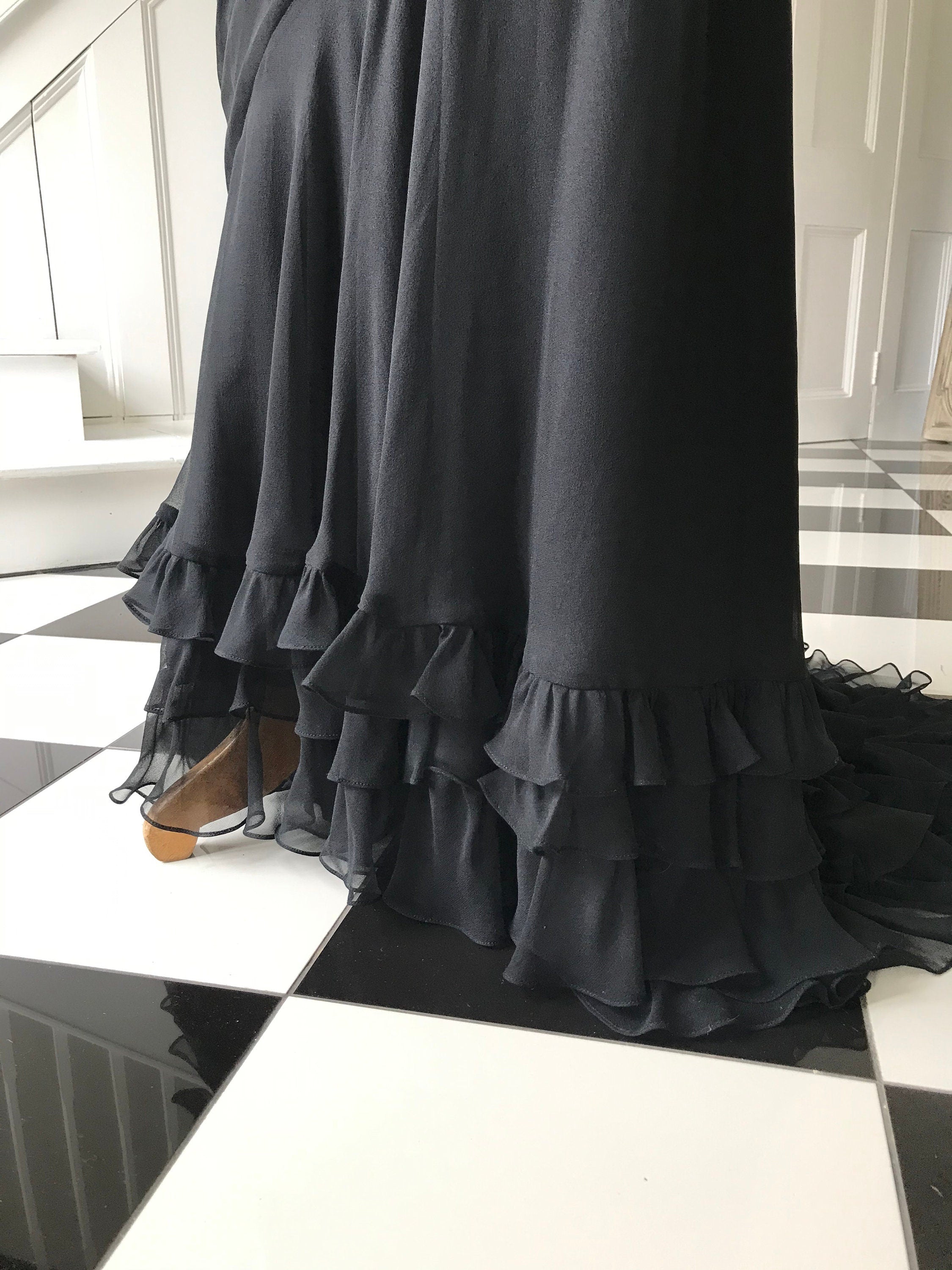 Vintage 1980s long black silk crepe mermaid style  party dress with embellishment and ruffles