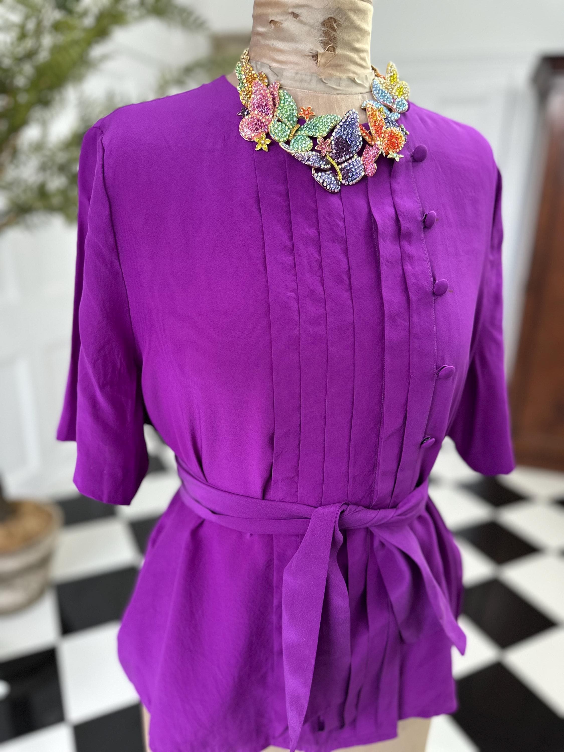 Vintage Deep Purple Silk Blouse with silk belt