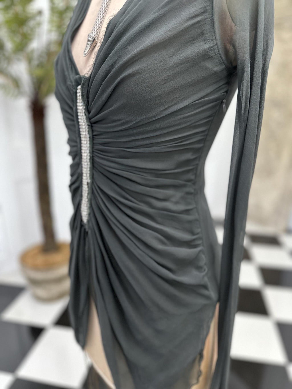 Vintage Dark Grey Silk Crepe Blouse Elegant Long Sleeve with Plunge Neckline