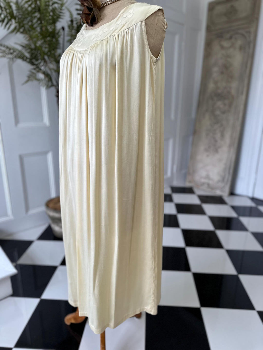1940s boat neck  buttercup cream smock style silk slip with hand embroidery