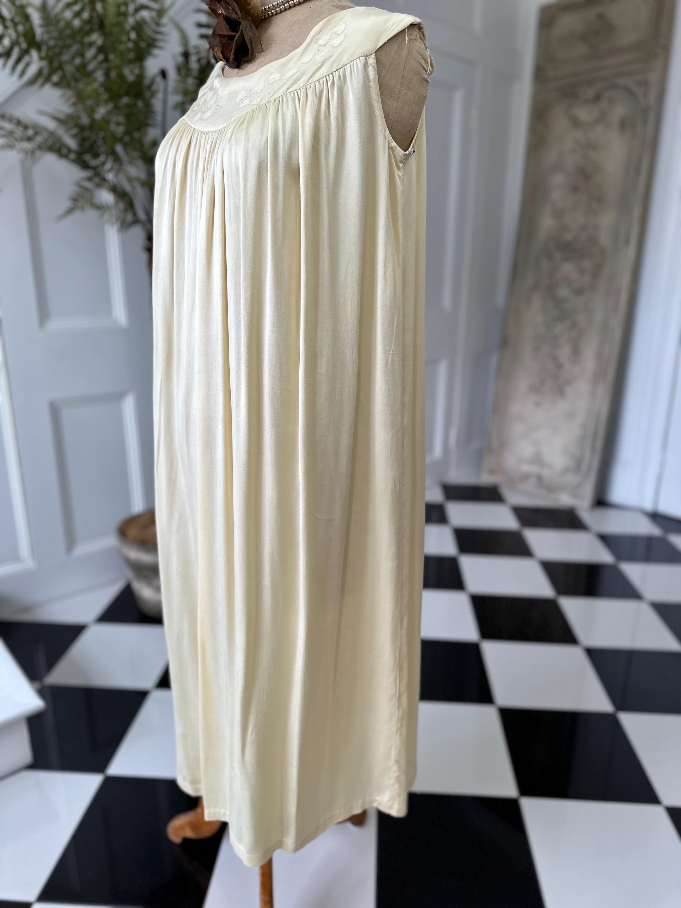 1940s boat neck  buttercup cream smock style silk slip with hand embroidery
