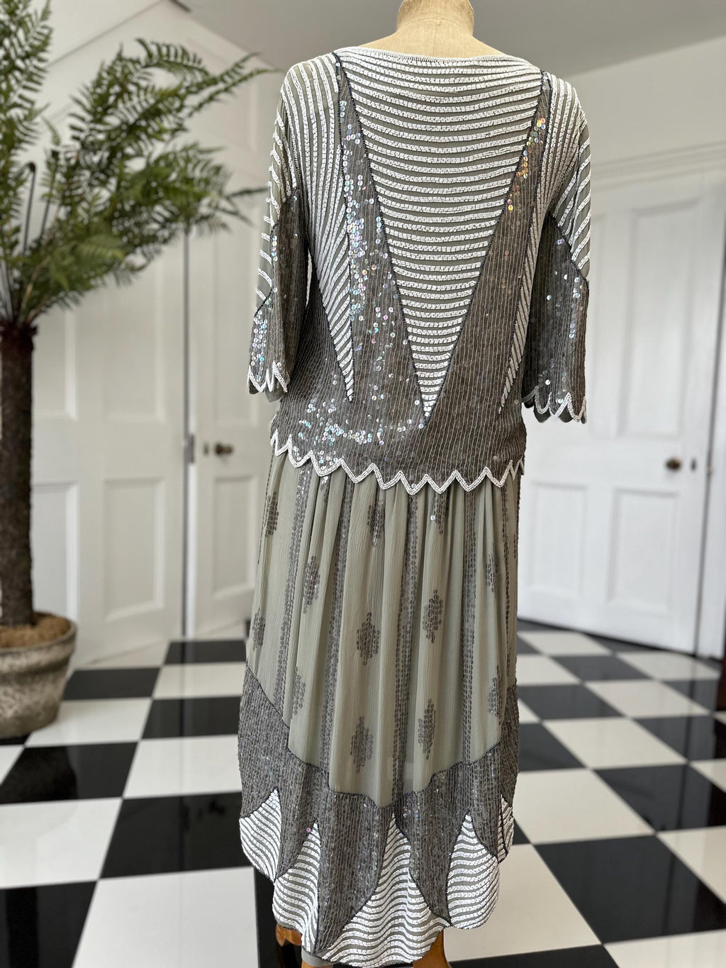Vintage sage green and white sequin top and skirt